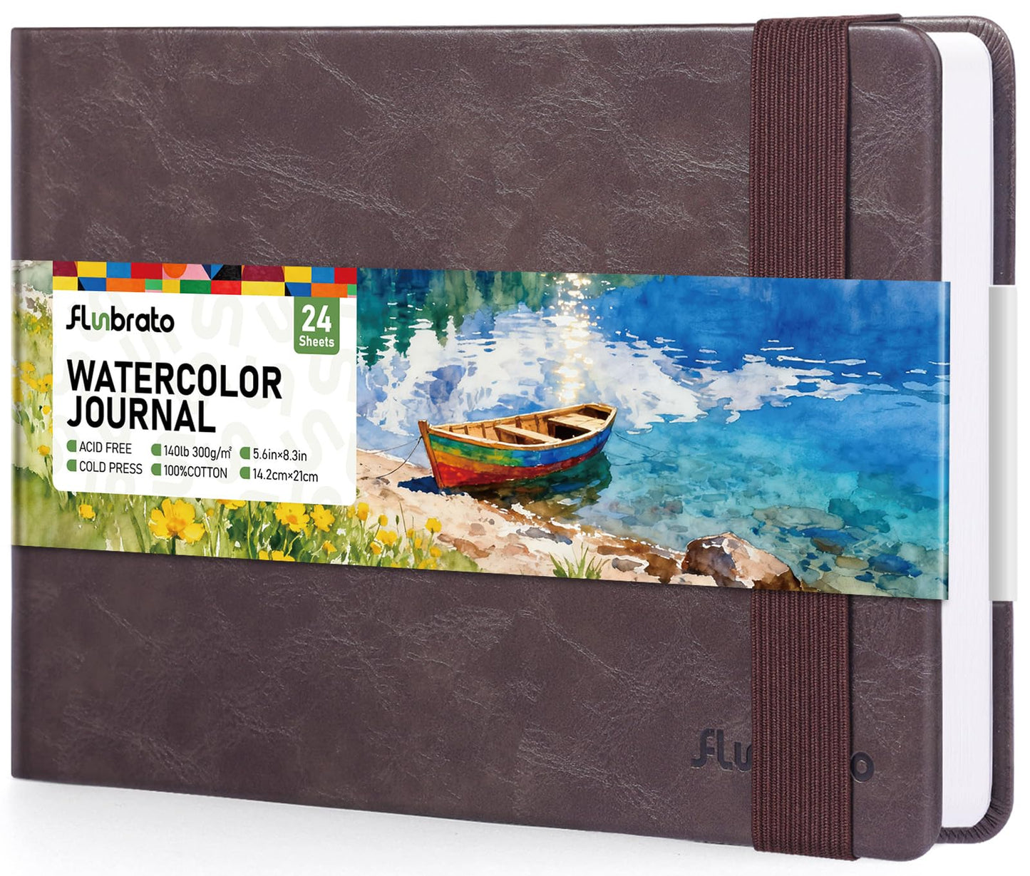 Watercolor Journal 8.3"x5.8"- 100% Cotton, 24 Sheets 48 Pages, 140LB/300GSM Cold Press, with Inner Pocket and Wide Elastic Band - Perfect for Watercolor, Gouache, Acrylic, Ink & Mixed Media