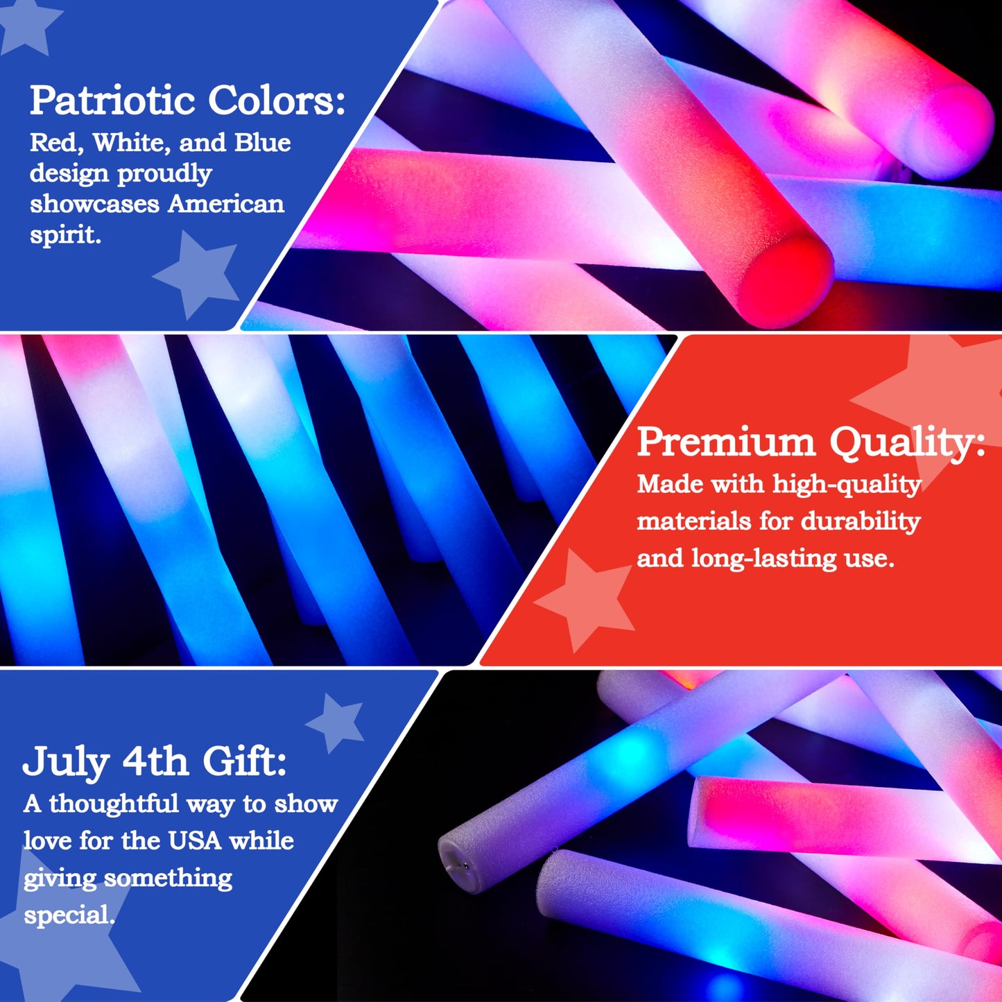JOYIN 24Pcs July 4th Foam Glow Sticks, Red White Blue Patriotic LED Sticks with 3 Modes Flashing for Kid Adult, Glow in The Dark Party Favor Supplies for Independence Day Parade, Concert, Carnival