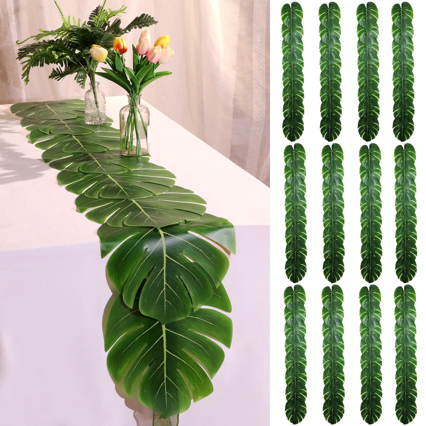 12 Pcs Artificial Palm Leaves Table Runners 72 Inch Long Tropical Palm Leaves Table Runner Faux Leaf Cloth for Wedding Hawaiian Luau Theme Party Supply Summer Decoration