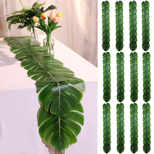 12 Pcs Artificial Palm Leaves Table Runners 72 Inch Long Tropical Palm Leaves Table Runner Faux Leaf Cloth for Wedding Hawaiian Luau Theme Party Supply Summer Decoration