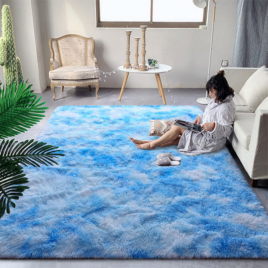 DweIke Fluffy Blue Shag Rugs for Bedroom Living Room, 6x9 Large Soft Plush Tie-Dyed Light SkyBlue Girls Boys Kids Rug, Upgraded Non-Slip and Machine Washable Carpet for Dorm Nursery Classroom Decor
