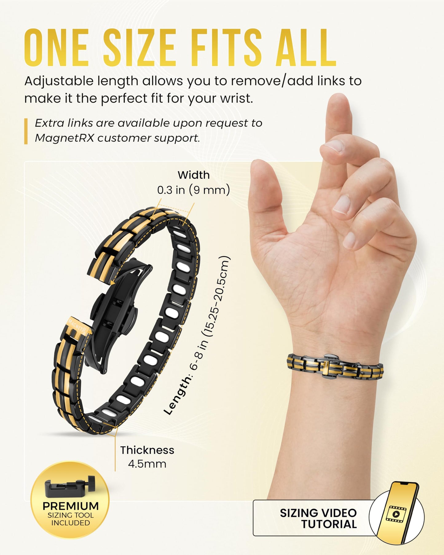 MagnetRX® Magnetic Bracelets for Women — EllipseMAX 5X Strength 5,000 Gauss Magnets — Designed in USA & PATENT PENDING — Premium Titanium Womens Magnetic Bracelet & Adjustable Length (Black/Gold)