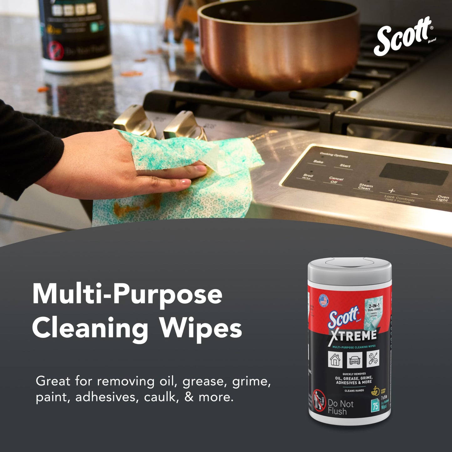 Scott Shop Original Xtreme Multi-Purpose Cleaning Wipes (54591), Heavy Duty Textured Extreme Clean Wiper with Citrus Scent, 9"x7" Wipe (6 Canisters of 75 Sheets, 450 Sheet Total)