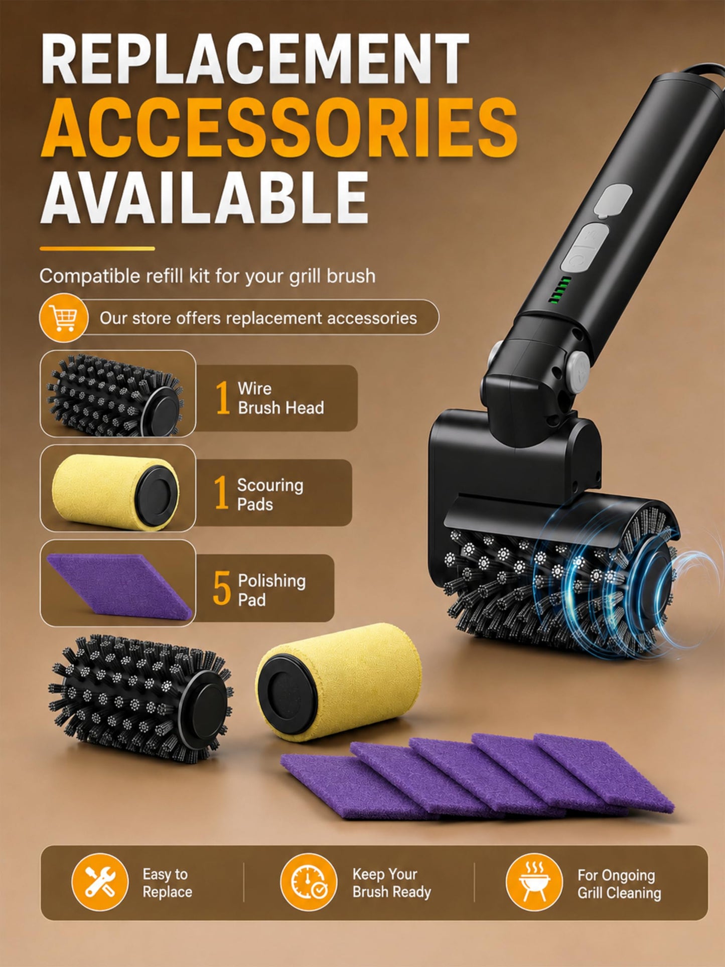 Aurviv Electric Grill Brush, Cordless Automatic BBQ Cleaner with 3-Speed Control, Rechargeable Grill Cleaning Brush with Stainless Steel Heads & Scouring Pad, BBQ Accessories Gift for Men