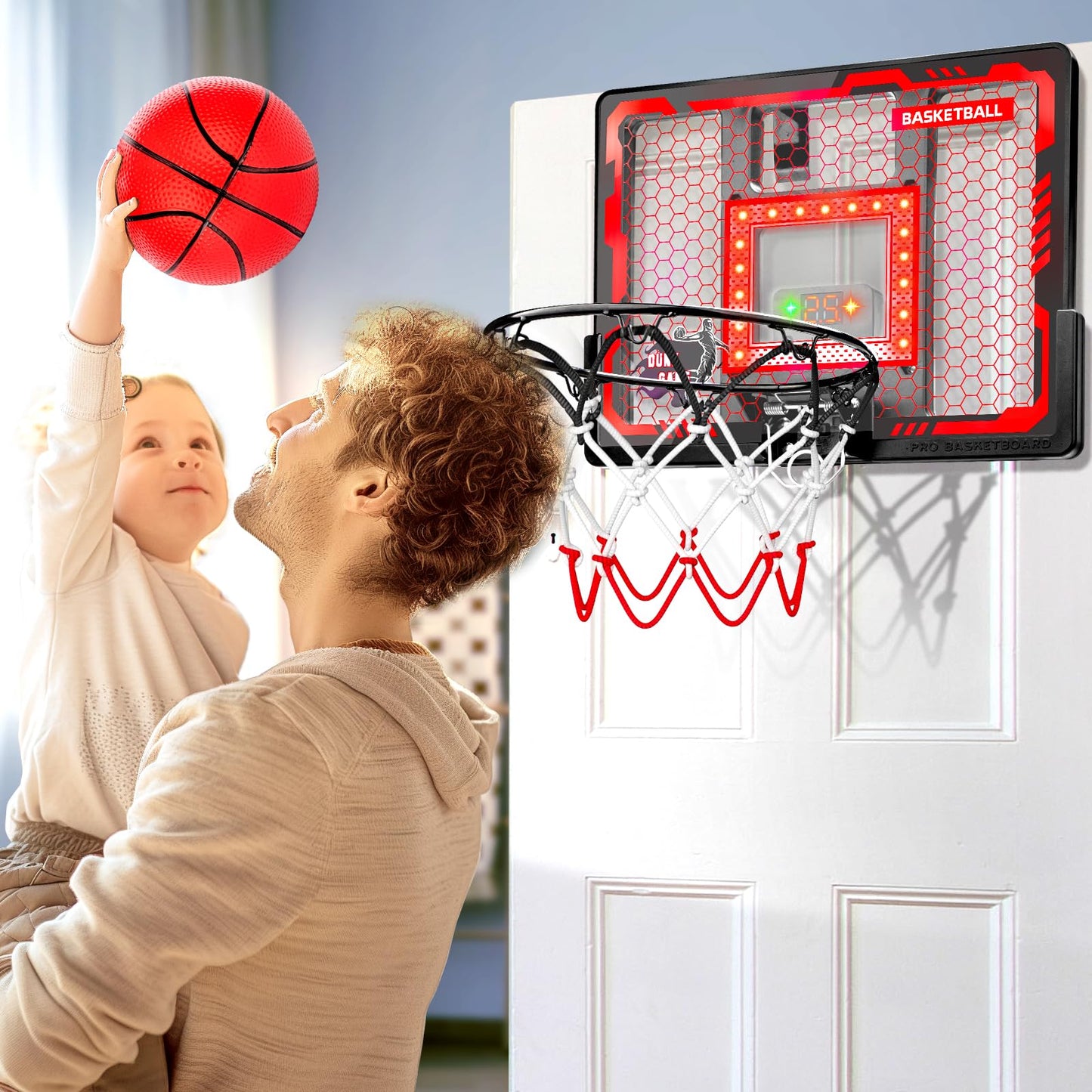 Indoor Basketball Hoop Pro, Mini Basketball Hoop Over The Door with LED Light/Scoreboard/4 Balls- Upgraded Anti-Impact Backboard, Basketball Toys Gifts for 6 7 8 9 10 11 12 Year Old Boys