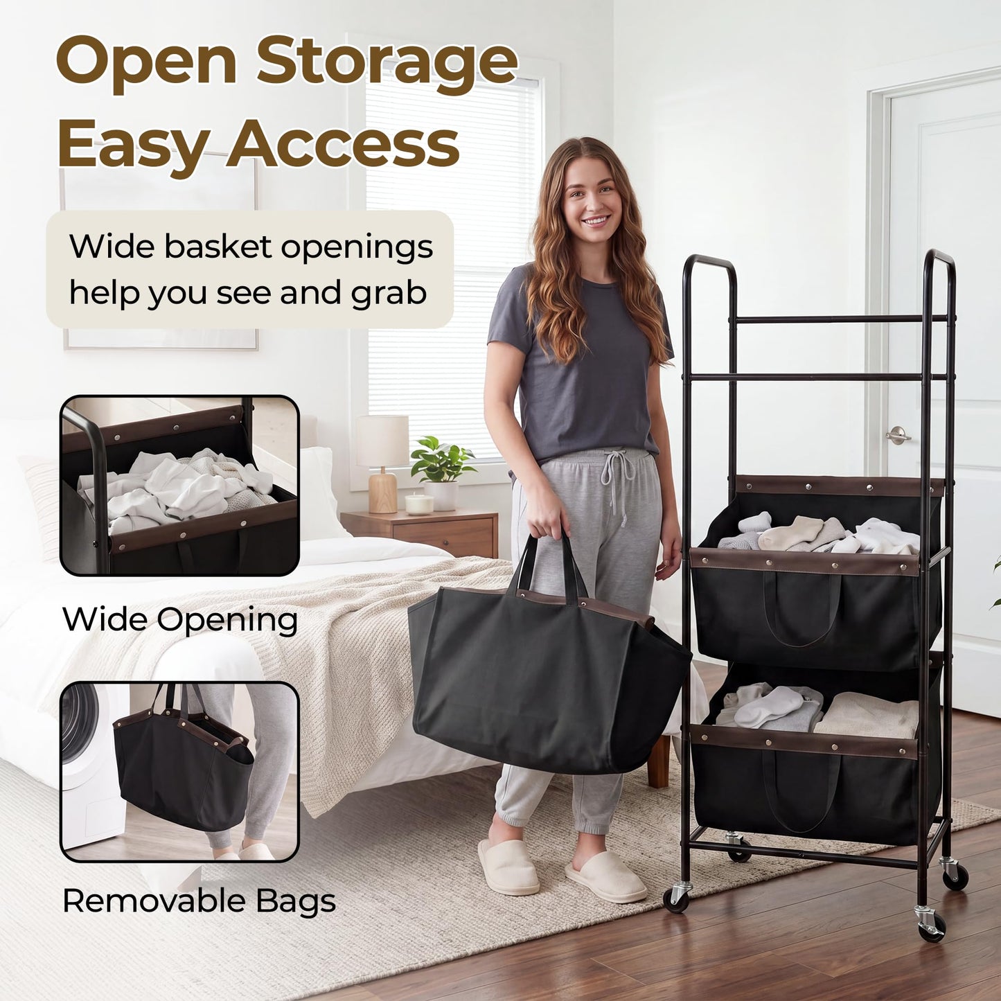 GRANNY SAYS 3 Section Tiered Laundry Sorter, Slim Vertical Laundry Hamper with Wheels, Narrow Rolling Laundry Cart with Removable Bags for Laundry Room, Bathroom, Closet, Dorm, Black