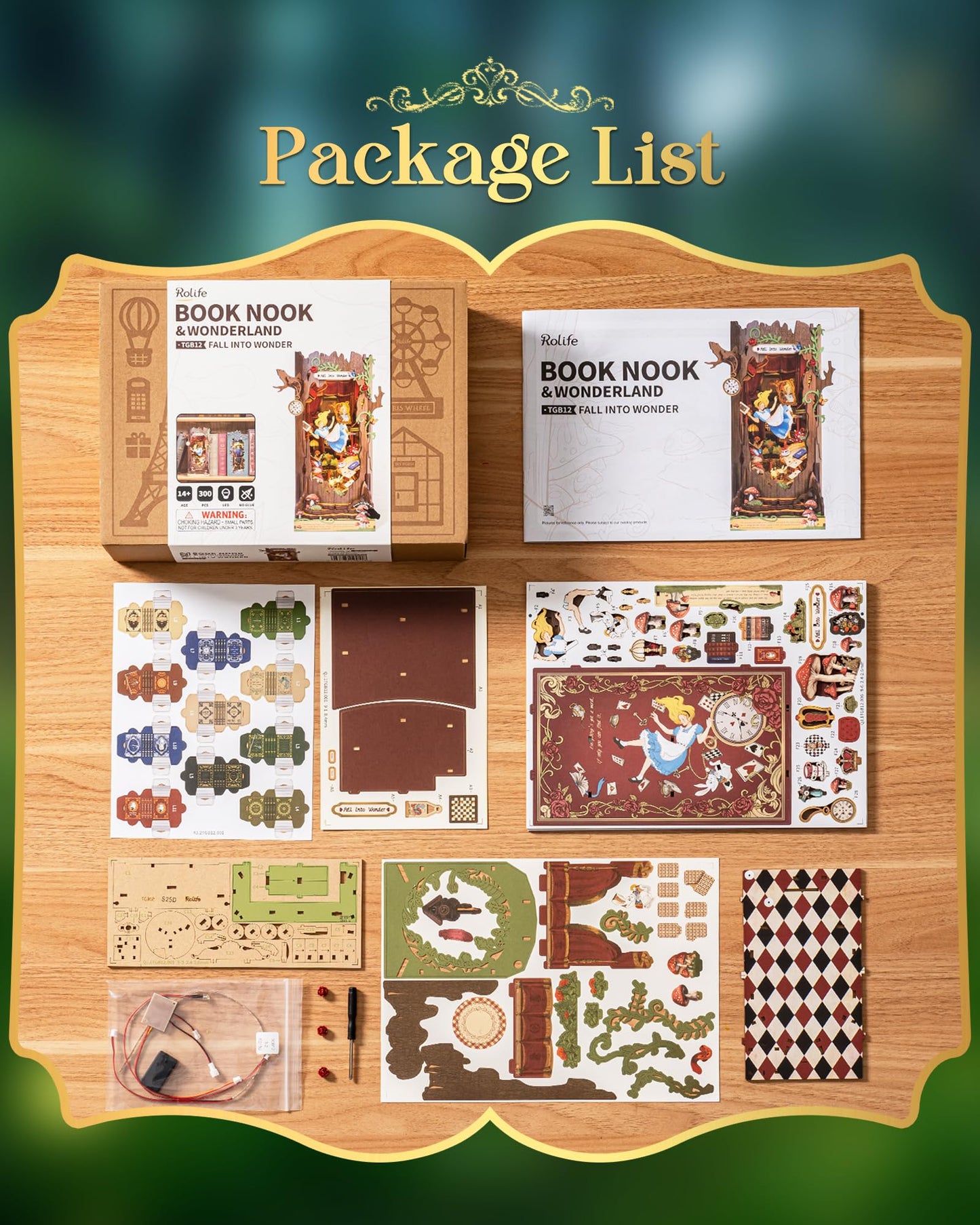 Rolife Book Nook Kit Fall into Wonder DIY Miniature Kit, 9.9" Tree Hollow Booknook 3D Wooden Puzzle with LEDs Fairy Tale Bookshelf Decor Gift for Adults & Teens