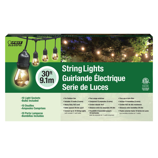 Feit Electric 30ft Outdoor Incandescent String Lights, Warm Amber Glow, Heavy-Duty Weatherproof Cord, Includes 10 Clear Bulbs + 5 Spares, End-to-End Connectable for Patios and Gazebos, SL30-10