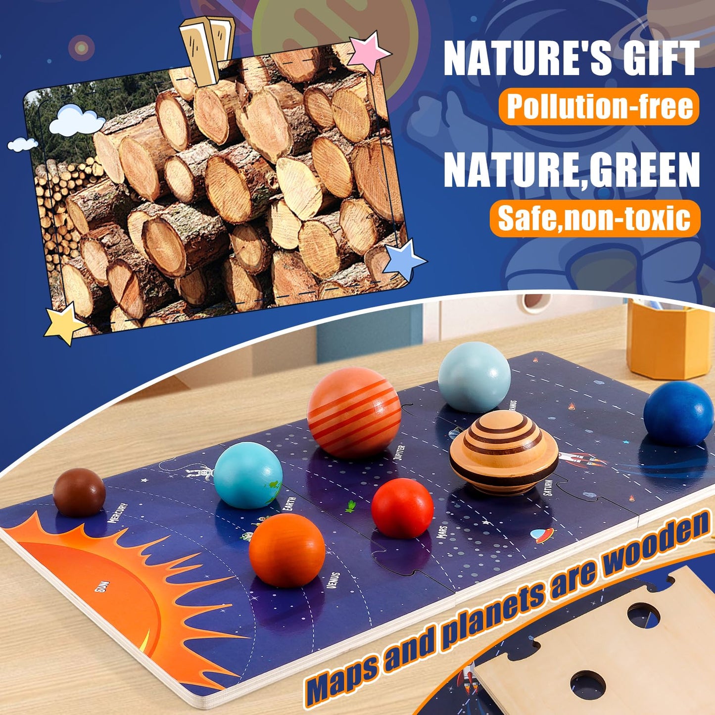 30 Pcs Wooden Solar System Model Board Toy Kit, Montessori Planet Balls Toys with Astronaut Figures, Preschool Learning Educational Puzzle, Space Knowledge Flash Cards Learning Toys for Kids
