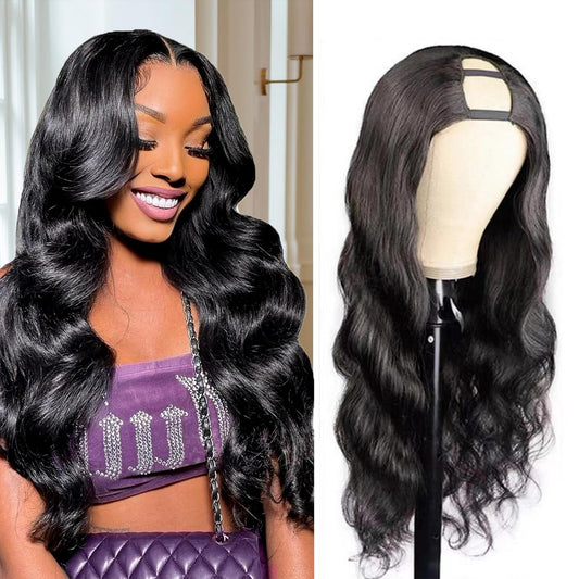 beautkol U Part Human Hair Wig Body Wave 18 Inch Brazilian Virgin Hair Glueless Wigs Human Hair 180% density U Part Wig for Black Women U Part Wig Human Hair Upart half wig Natural Black Color