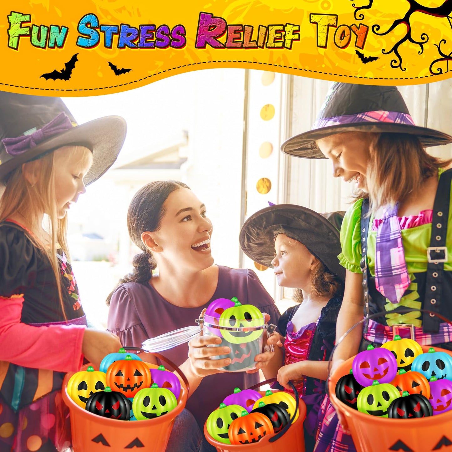 Libima 50 Pcs Halloween Pumpkin Stress Balls Bulk Colorful Stress Relief Ball Mini Foam Squeeze Ball Party Favors Toy with Storage Bag for Halloween Party Bag Filler School Carnival Reward