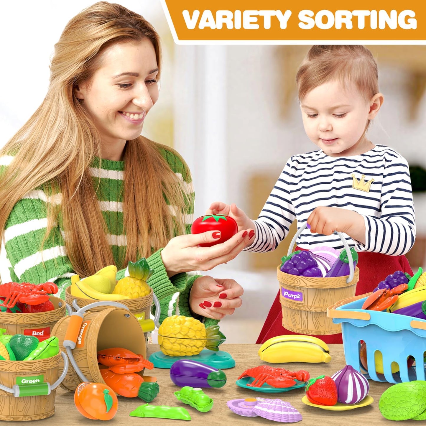 Food Toys for Kids Pretend Play Kitchen Accessories Food Sorting Toy Fake Fruits and Vegetables Set with Shopping Storage Basket Table