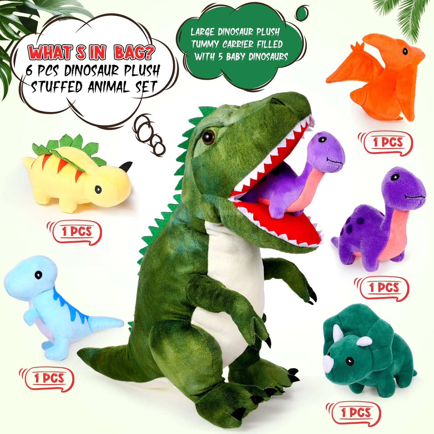 Chalyna 15.7 Inch Plush Dinosaur Plush Stuffed Animal with 5 Cute Little Dinosaurs in Tummy Carrier Baby Dinosaur Gift Set Kid Soft Cuddly Stuffed Pillow for Birthday Valentines Party Favor