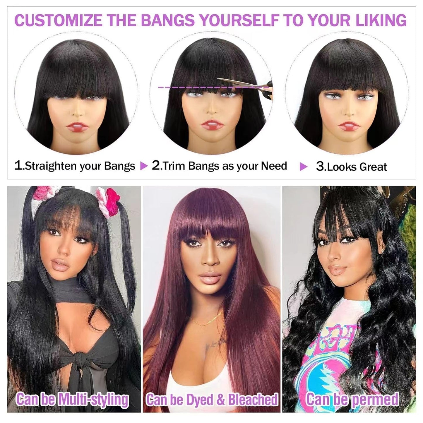 Tamnnee Glueless Wigs Human Hair with Bangs Straight Human Hair Wig with Bangs 150% Density 1x3inch Bleached Knots Lace Front Wigs for Black Women 18inch