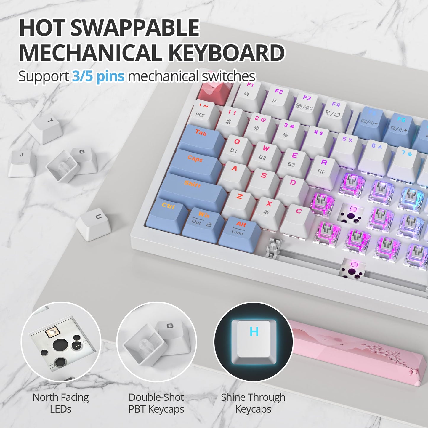 SbocKeeb 75% Wireless Creamy Pink Mechanical Keyboard, Hot Swappable Custom Keyboard, RGB Backlit Gasket Gaming Keyboard, 2.4G/BT5.0/USB-C Mechanical Keyboard, Pre-lubed Linear Gray Cream Switches