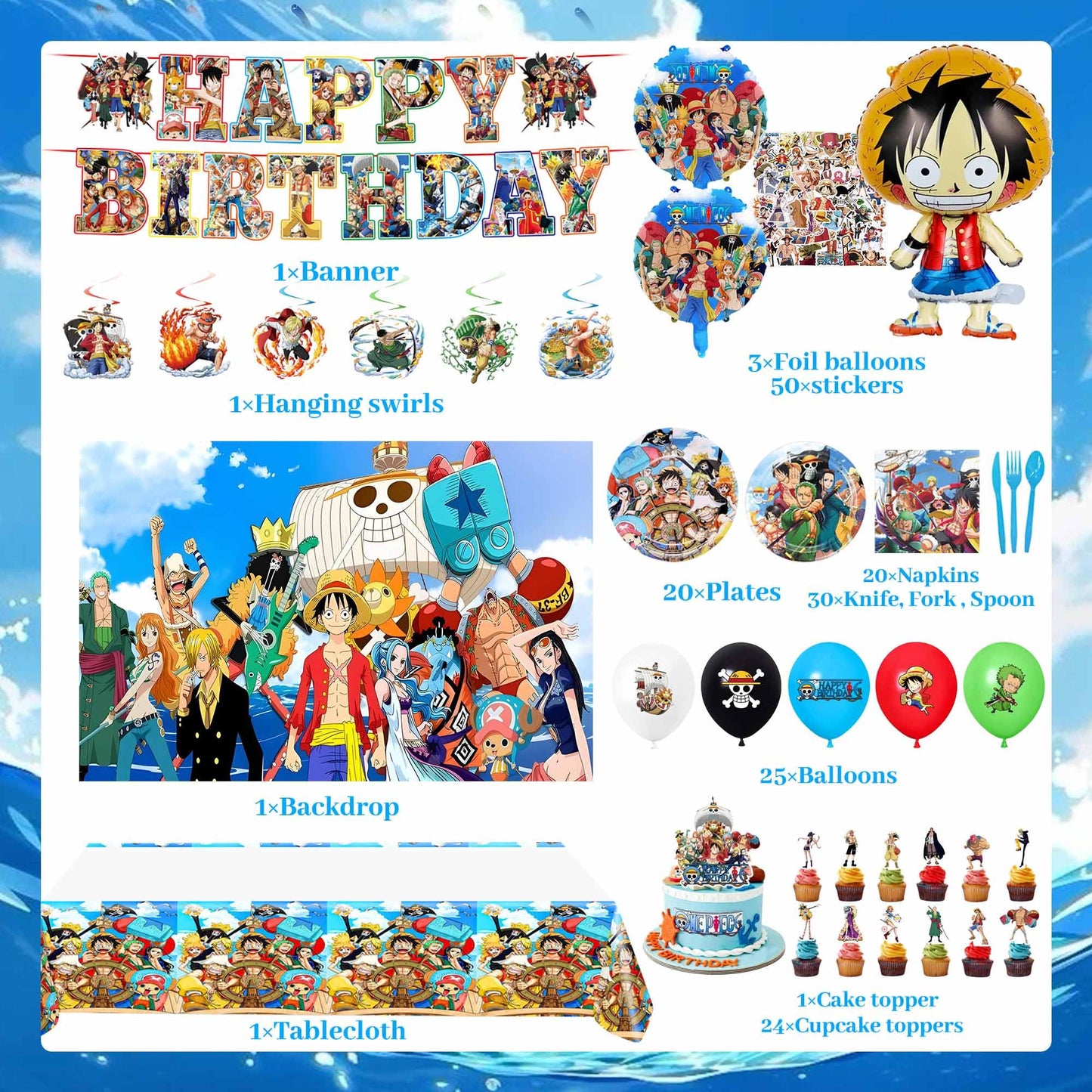 Adeventure Themed Birthday Party Decorations Set - Cartoon Theme Party Supplies (Includes Banner, Foil Balloons, Printed Balloons, Tablecloth, Tableware, Napkins)