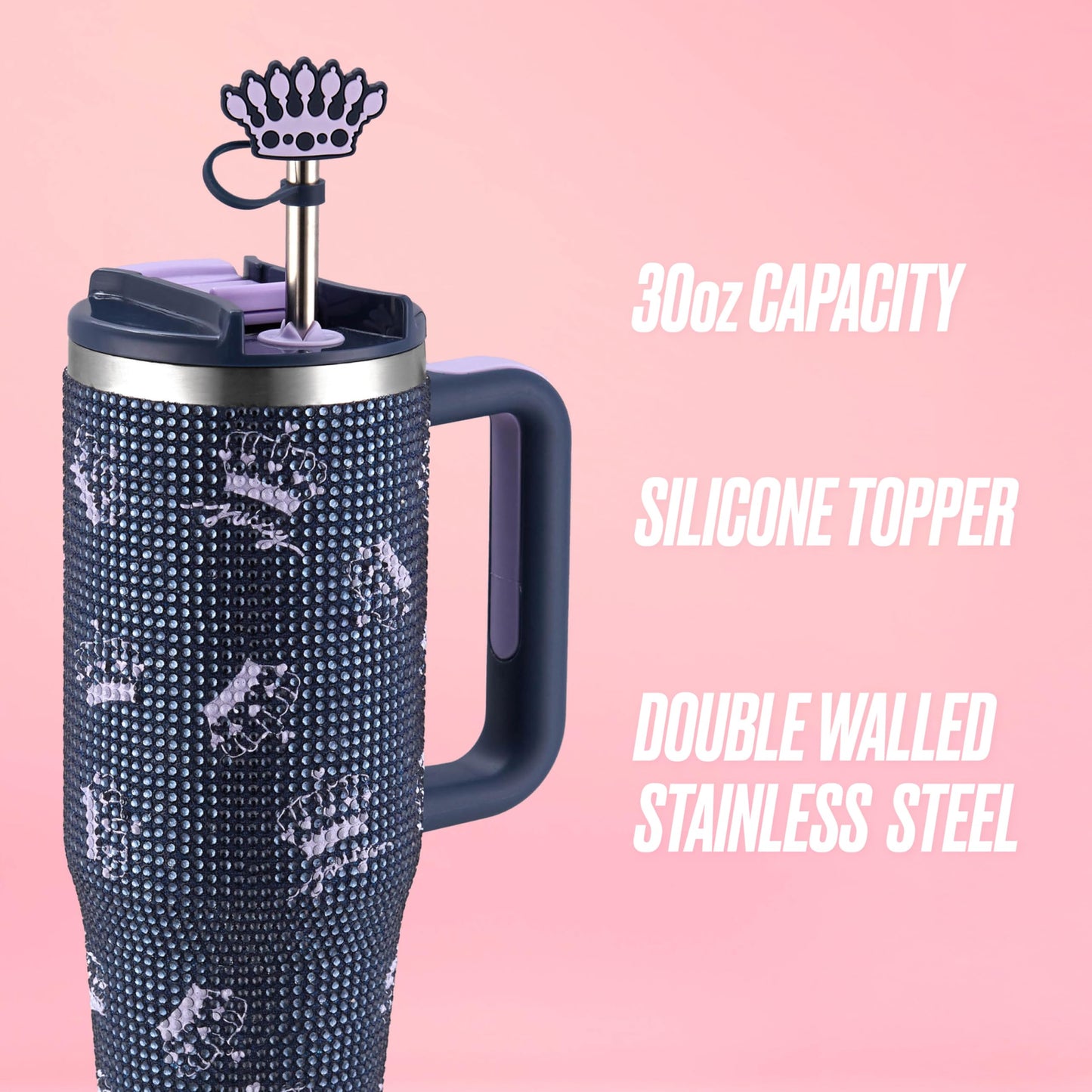 Juicy Couture Jetsetter 30oz Rhinestone Tumbler with Handle and Straw Topper, Navy Blue Crowns