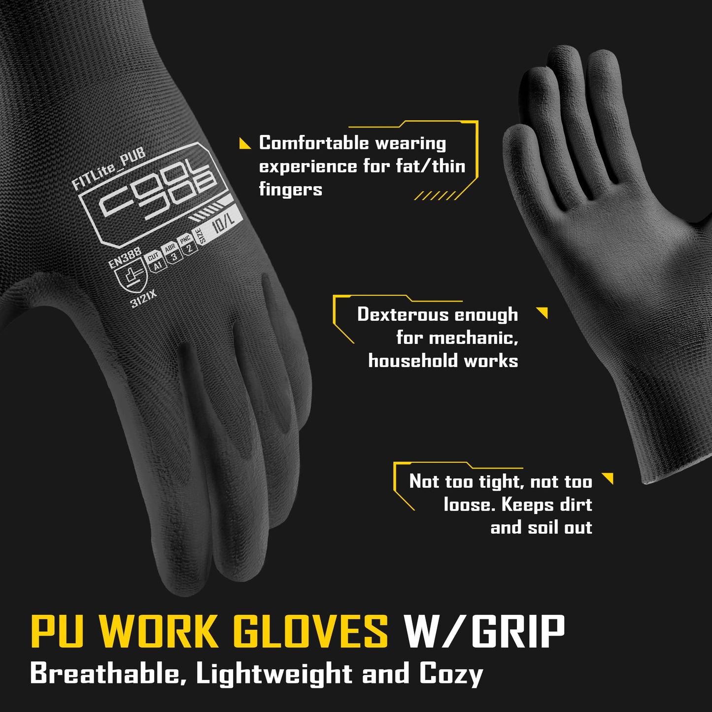 COOLJOB 60 Pairs Safety Work Gloves Pack Bulk with Grip PU Coating, 13 Gauge Seamless Knit Gloves with Polyurethane Dipped for Warehouse Working, Breathable Lightweight for Men Women, Black Large