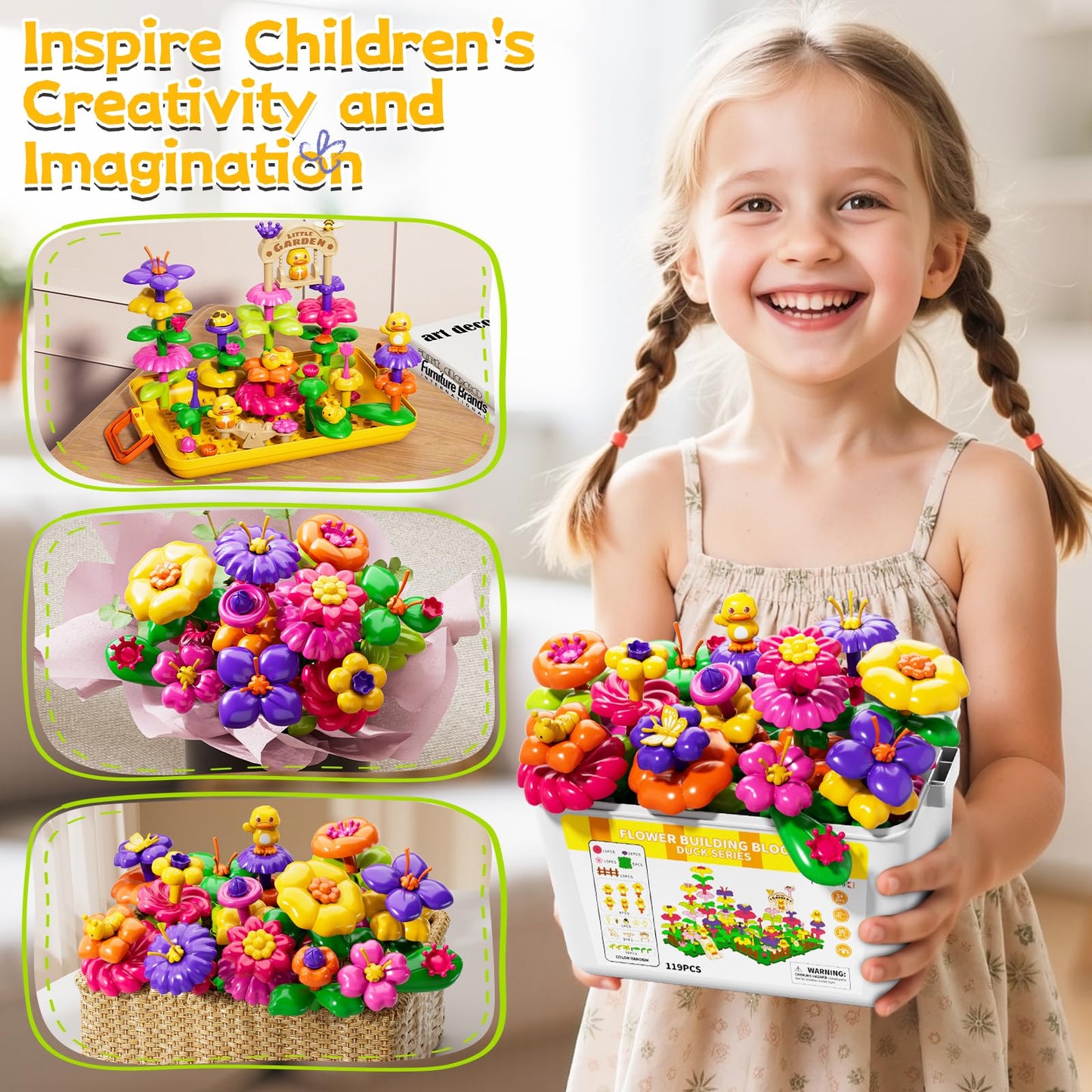 Flower Garden Building Toys for Toddler 3 4 5 6 7 Years Old, DIY Stacking Toys with Storage Box, Kids STEM Preschool Educational Toy, Christmas Birthday Gift for Girls Ages 3-5