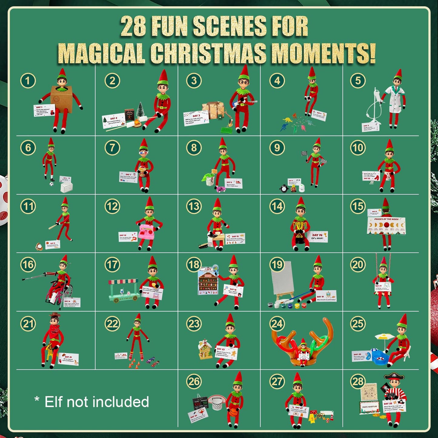 YFOMLLS 24-Day Christmas Elf Adventure Kit 2024 With Scenes Idea, Props & Accessories - Helper Box for 24 Days