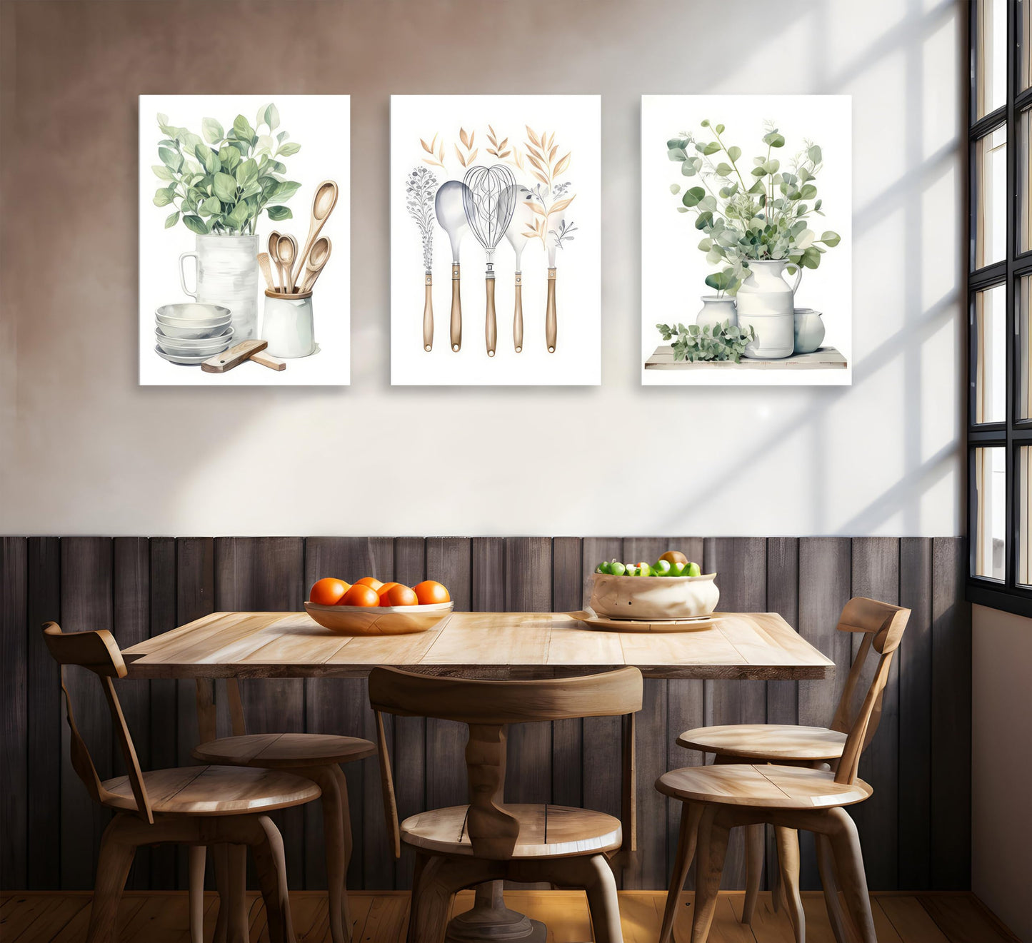 Boho Farmhouse Kitchen Canvas Wall Art Sage Green Plants Painting Pictures Dining Room Wall Decor Eucalyptus Leaves Green Botanical Poster Print Artwork for Farmhouse Kitchen Home Decoration