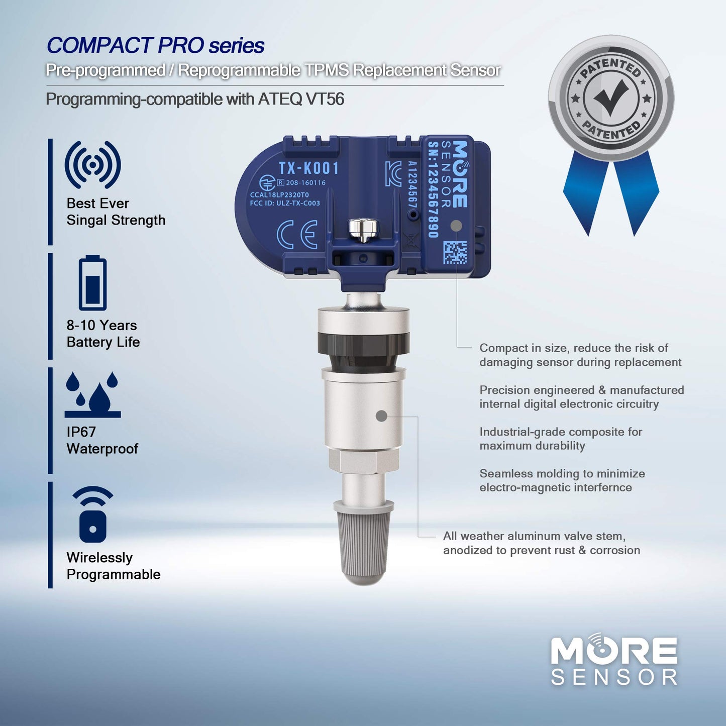 MORESENSOR Compact PRO Series 433MHz TPMS Tire Pressure Sensor 4-Pack | Preprogrammed for Select 130+ European Brand Models | Replacement for 0025406917 | Clamp-in | KX-S047-4