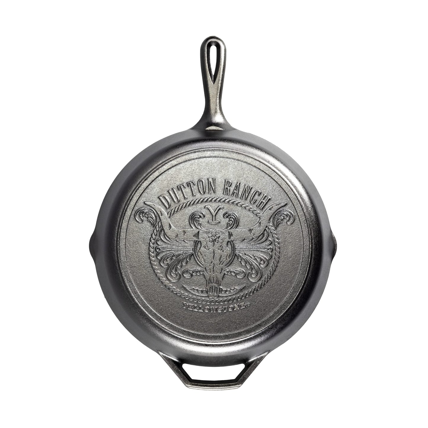 Lodge Pre-Seasoned Yellowstone Stamped Cast Iron Cookware - Signature Teardrop Handle - Use in the Oven, on the Stove, on the Grill, or Over a Campfire - 12 Inch Logo Skillet