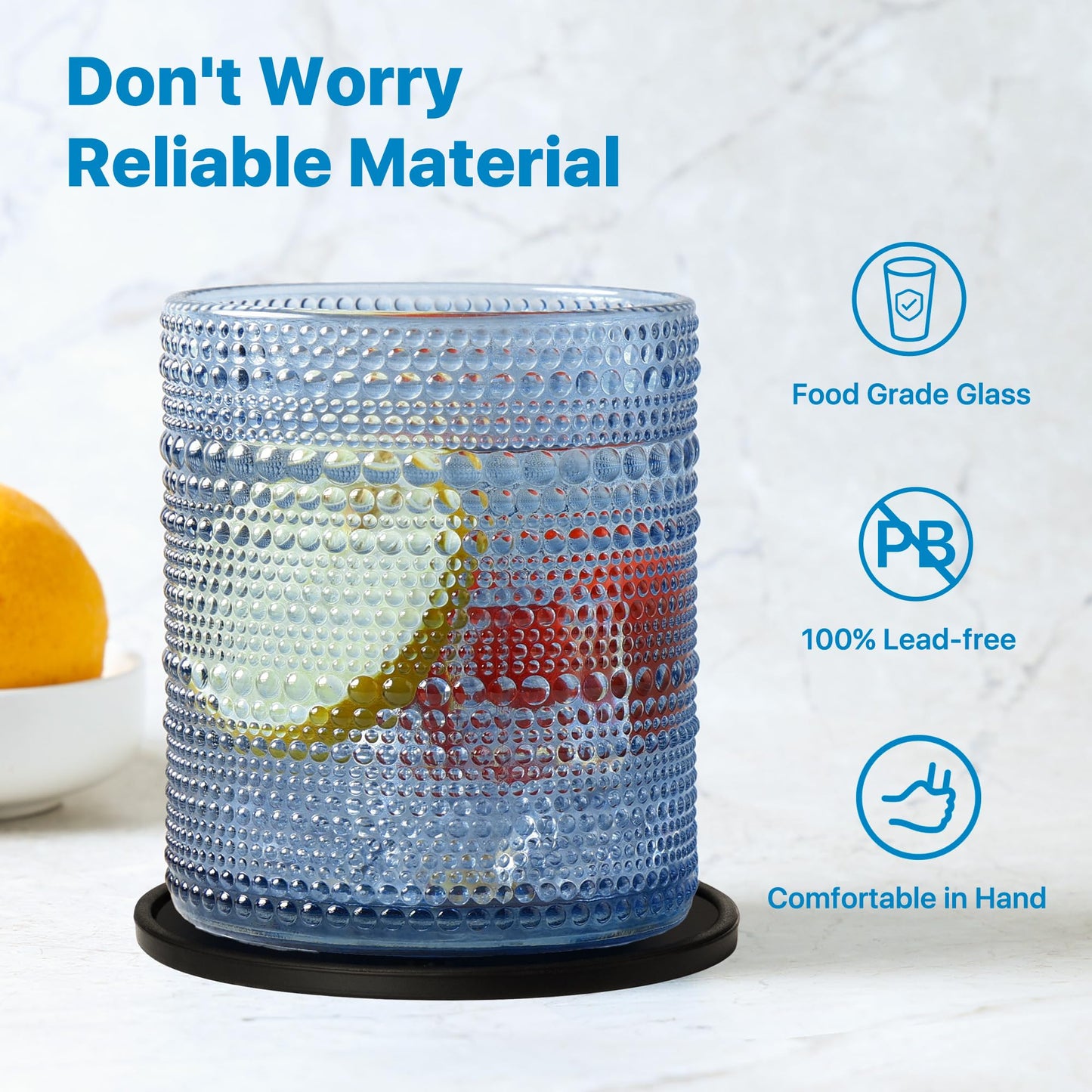 DmmyAlzx Hobnail Drinking Glasses Set of 12 Count, Vintage Glassware, Old Fashioned Glasses, 6 Highball Bubble Drinking Cups 14.5 oz, 6 Rocks Cups 10 oz with 6 Silicone Coasters, Blue
