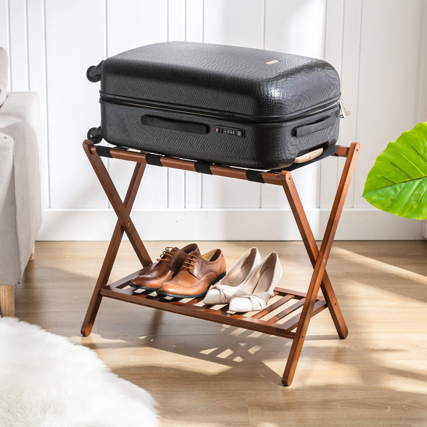 Natuvite Luggage Racks Suitcase Stand Foldable With Storage Shelf For Guest Room Hotel Essentials Solid Bamboo Heavy-Duty Item Holder Chestnut Brown