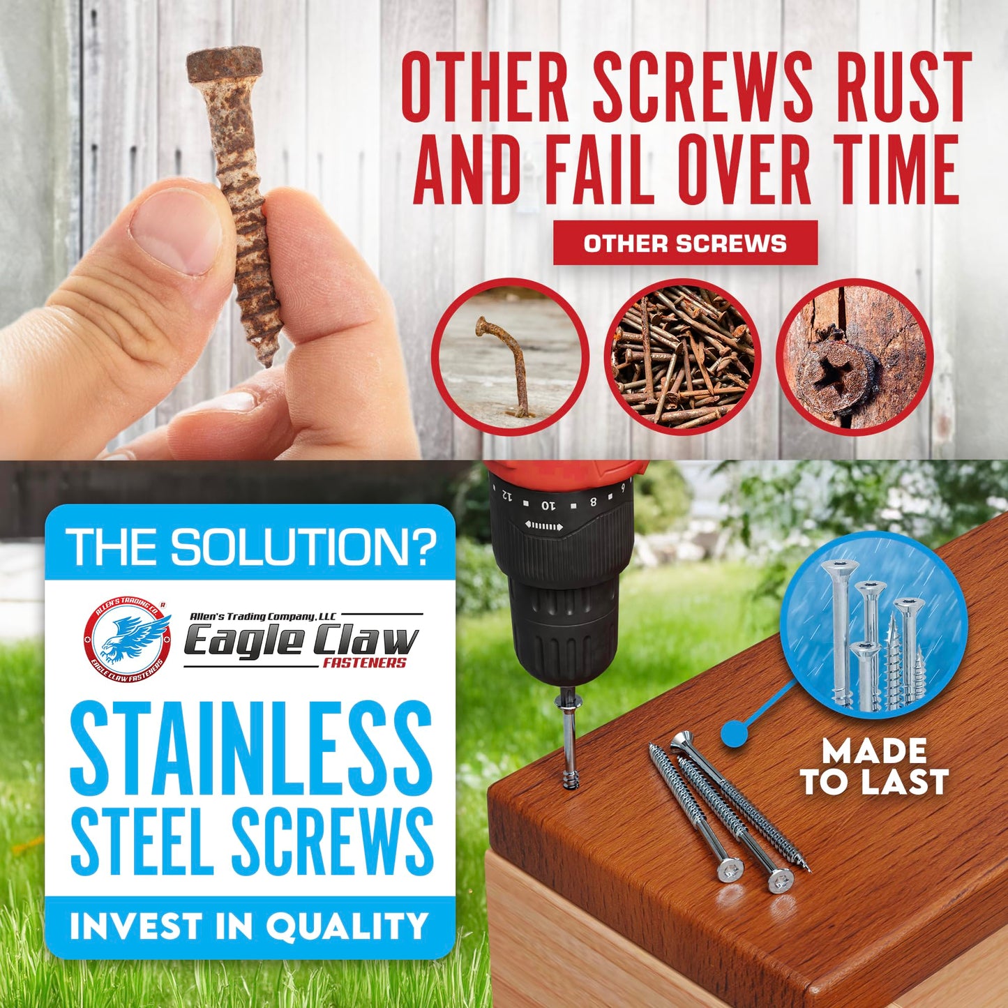 #10 x 2 1/2 Inch 316 Stainless Steel Screws Marine Grade (350 Pack, T25 Star) | Stainless Steel Wood Screws w/Driver Bit by Eagle Claw Fasteners | High Corrosion Resistance for Coastal Construction