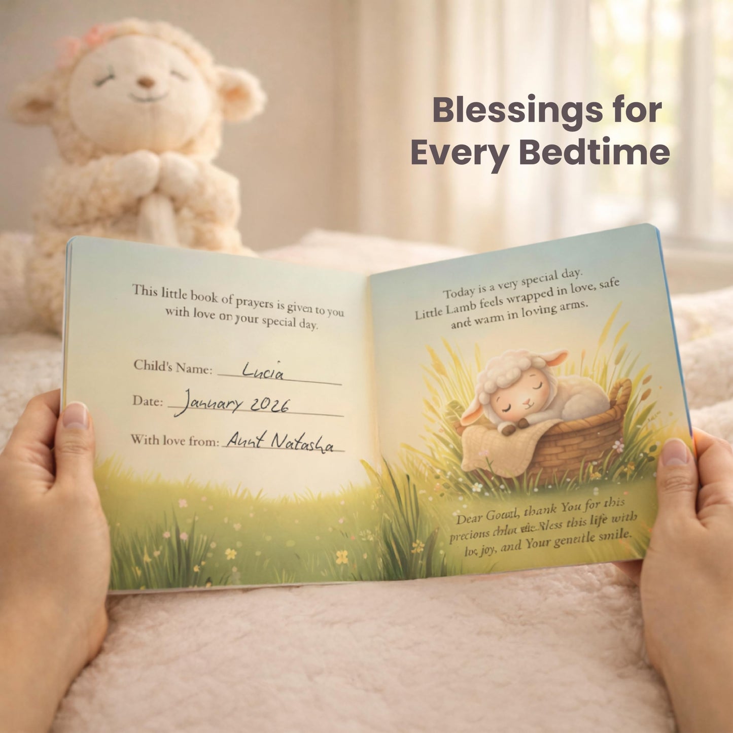Highmark Collective Baptism Gift for Girl – Baptism Set with 10" Praying Lamb Plush Toy (Pink Bow), Bamboo Muslin Blanket & First Prayer Book, Ready to Gift Keepsake Box