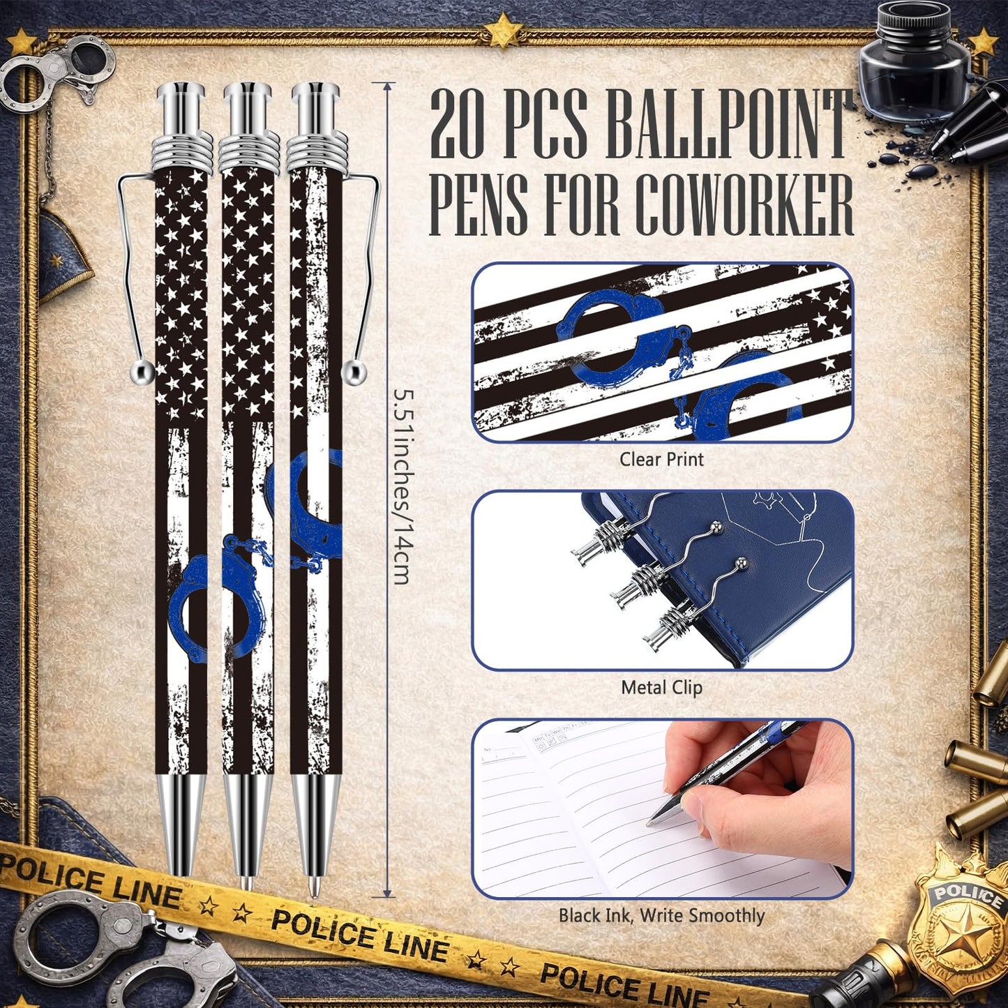 Ctosree 20 Sets Christmas Police Gifts Pocket Leather Notebooks with Handcuff Pens for Law Enforcement Police Officer Appreciation Gifts Stocking Stuffers
