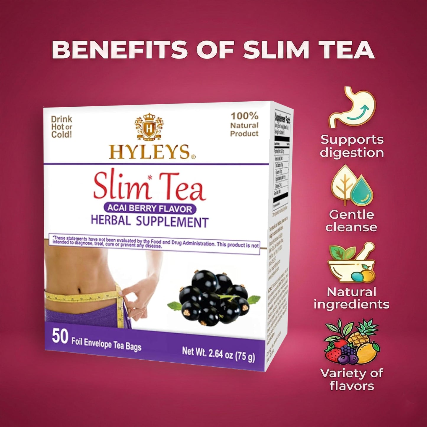 Hyleys Slim Tea Acai Berry 50 Ct - Weight Loss Herbal Supplement Cleanse and Detox - 50 Tea Bags (6 Pack)
