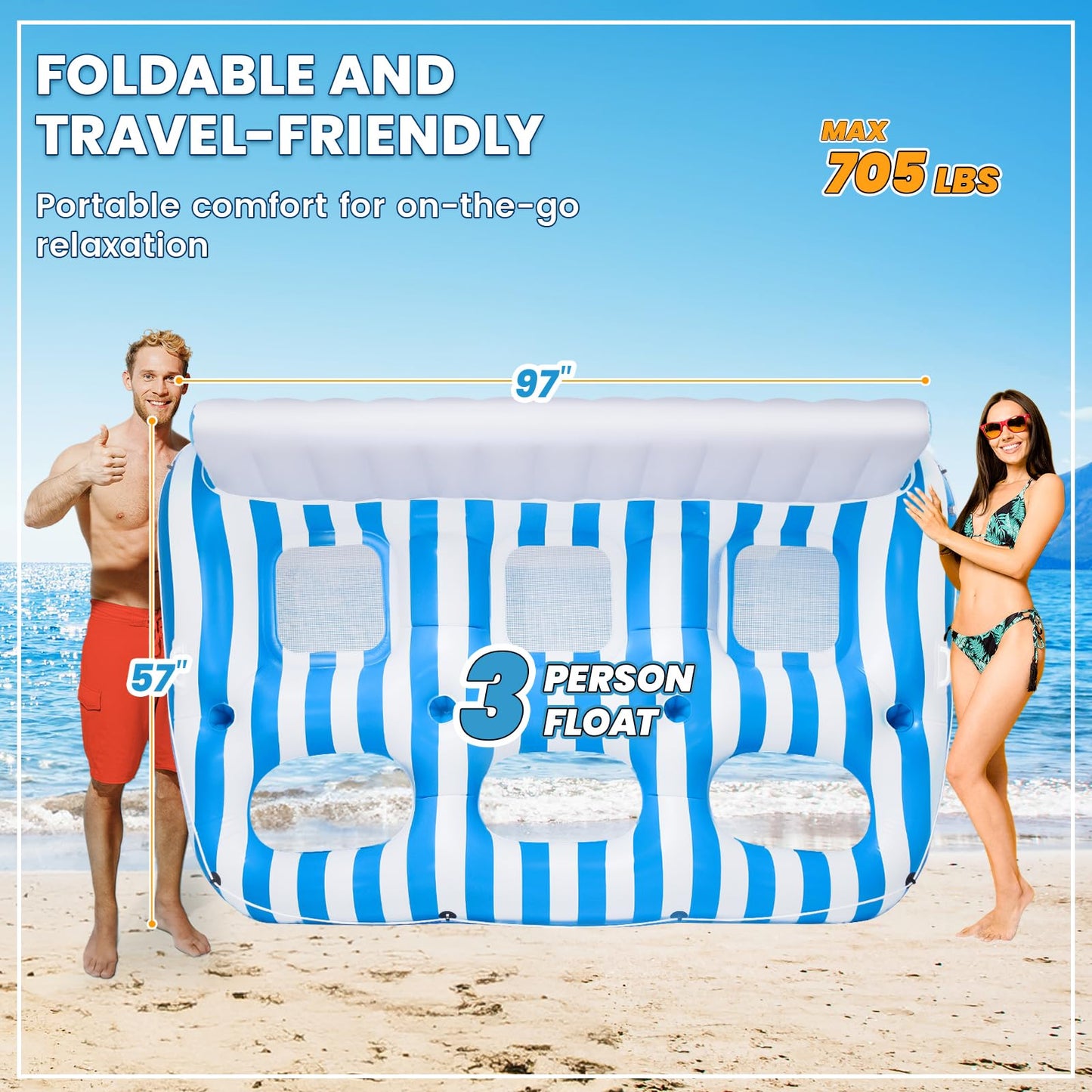 SULDUO 3 Person Inflatable Pool Lounger Float for Adults, Giant Pool Floats Chair Lounge with 3 Backrests and Cup Phone Holder, Water Tanning Pool Raft Party Toys for Outdoor, Beach, Lake, River, Sea