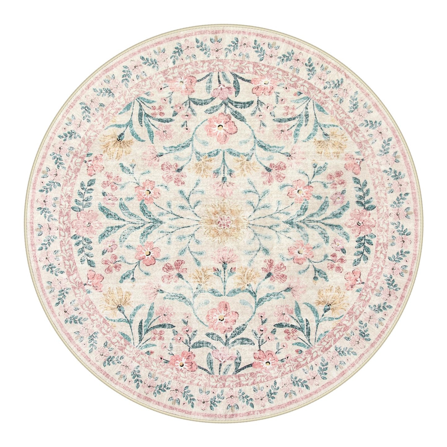 Wonnitar Washable Round Rugs 6ft, Pink Floral Circle Rug Large Round Carpet for Bedroom, Boho Soft Ultra-Thin Circular Carpets for Kids Playroom Living Room Nursery