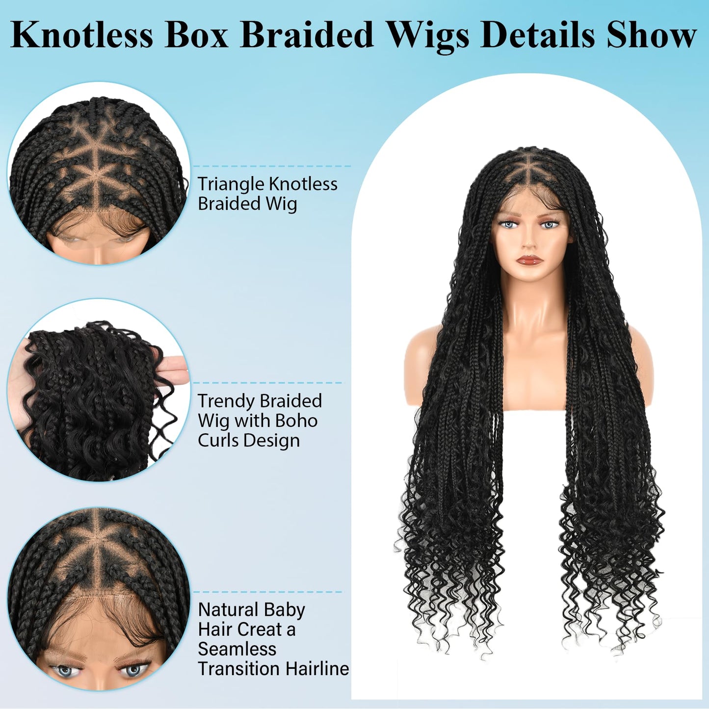 Olymei Boho Braided Wig Box Braid Wig Triangle Knotless Braided Wigs for Women Box Braid with Boho Curls Wig Braided Lace Front Wigs Full Double Lace Front Braided Wigs 36" Black