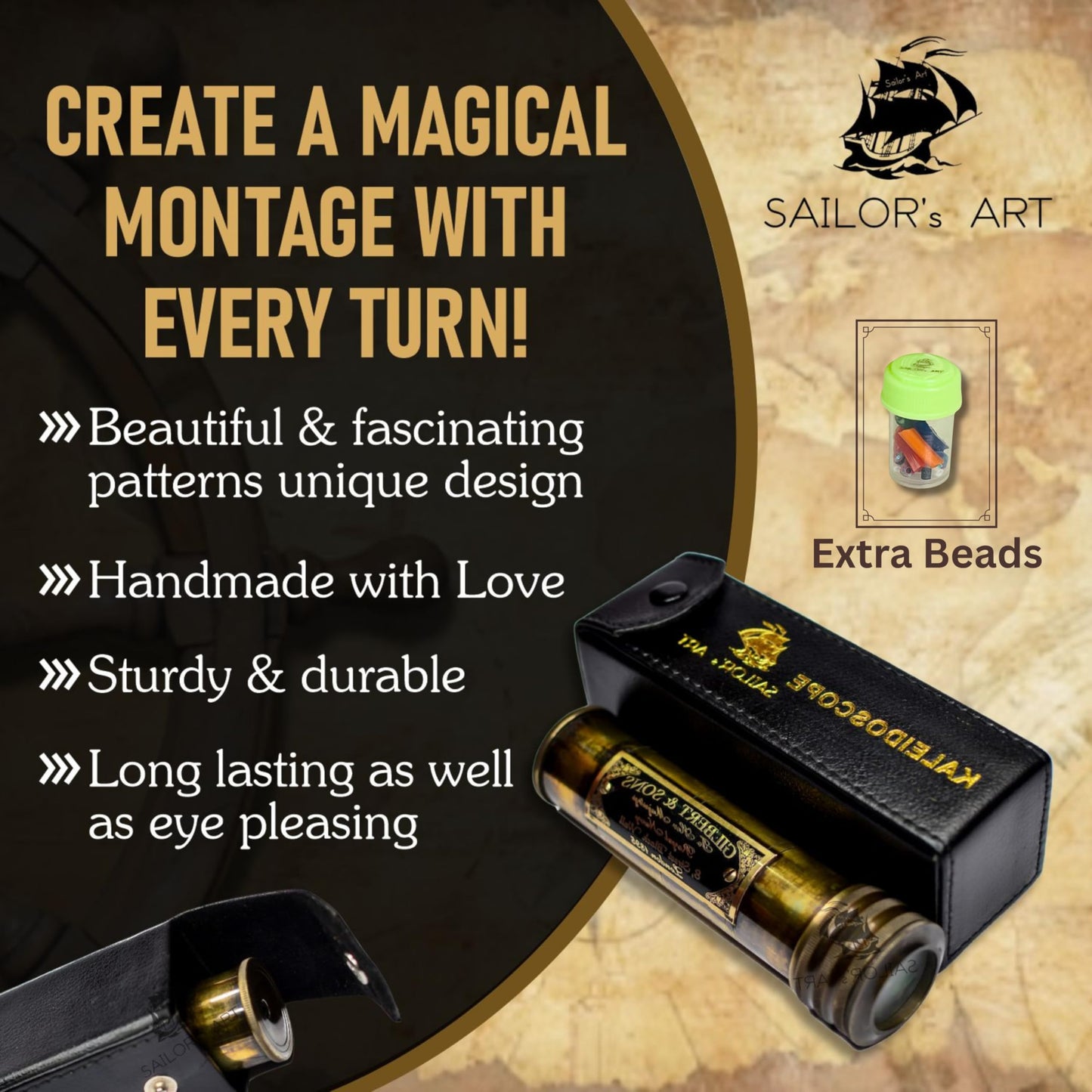 Sailor's Art Kaleidoscope with Case, Vintage Collection Kaleidoscope, Antique Finish Birthday Gift, 3D Lens Solid Brass 5.5 Inch for Friends and Family