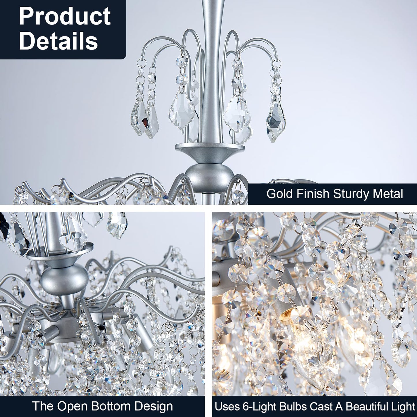 Uiimeces Modern Crystal Chandelier, Chrome Candle Chandeliers for Dining Room Lighting Fixtures Hanging, Kitchen Ceiling Hanging Pendant Light for Bedroom Living Room Kitchen Island Hallway
