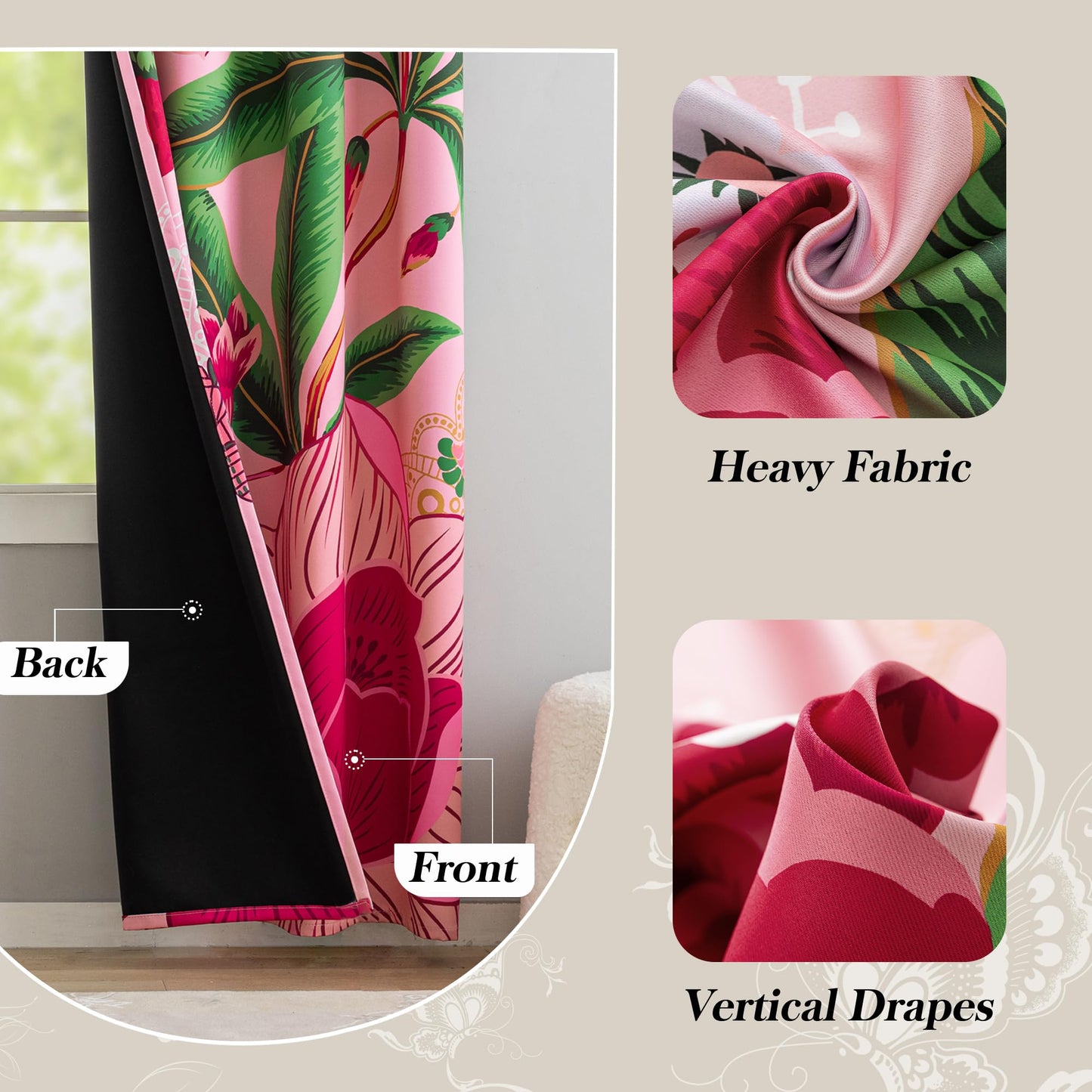 Tyrot Pink Boho Floral Blackout Curtains for Girls Bedroom 84 inch Long 2 Panels Butterfly Black Out Curtains for Living Room Grommet Nursery Thermal Insulated Room Darkening Window Drapes,52Wx84L