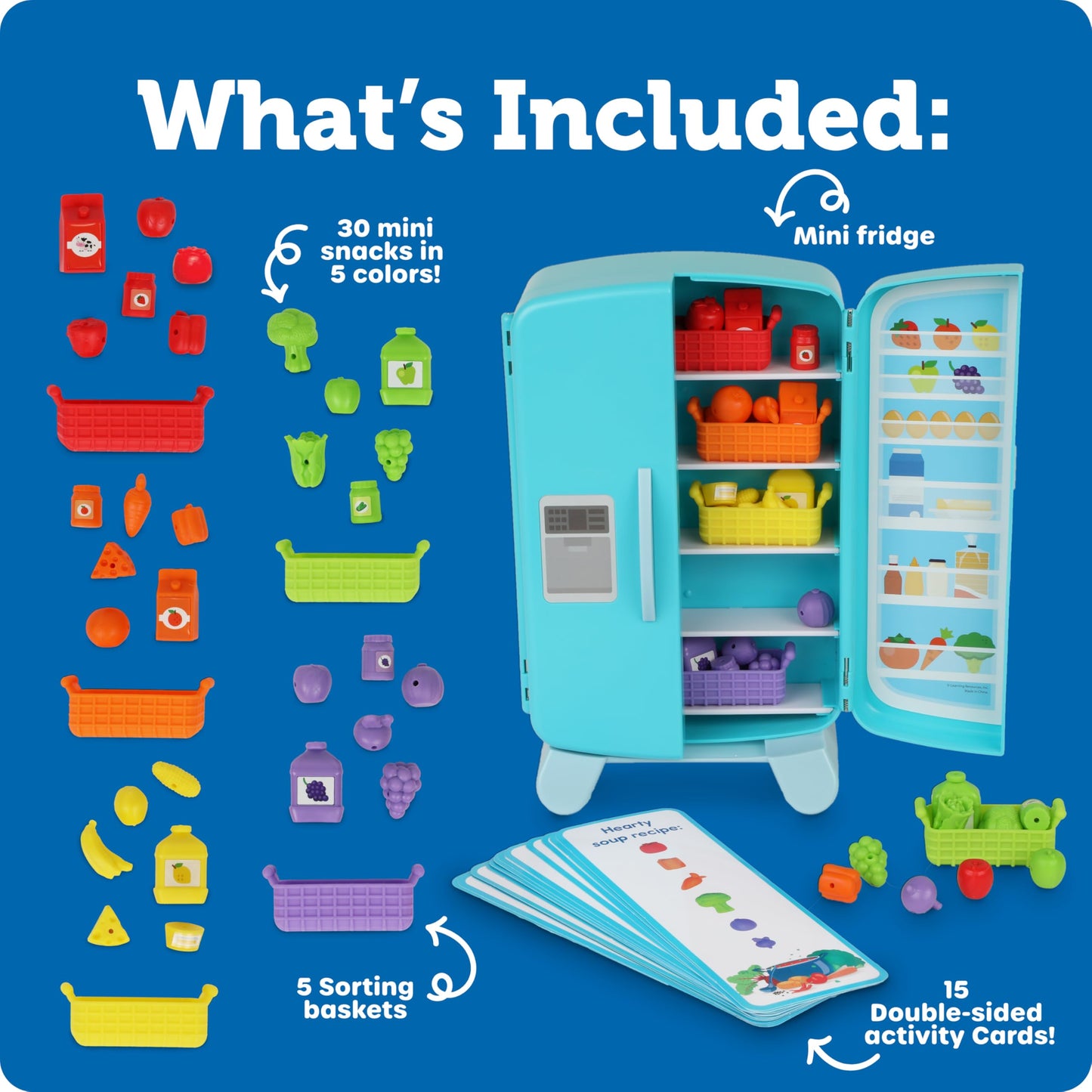 Learning Resources Sorting Snacks Mini Fridge,51 Pieces, Ages 3+, Toddler Toys, Educational Toys, Snack Toys,Plastic Food Toys,Kids Kitchen Accessories