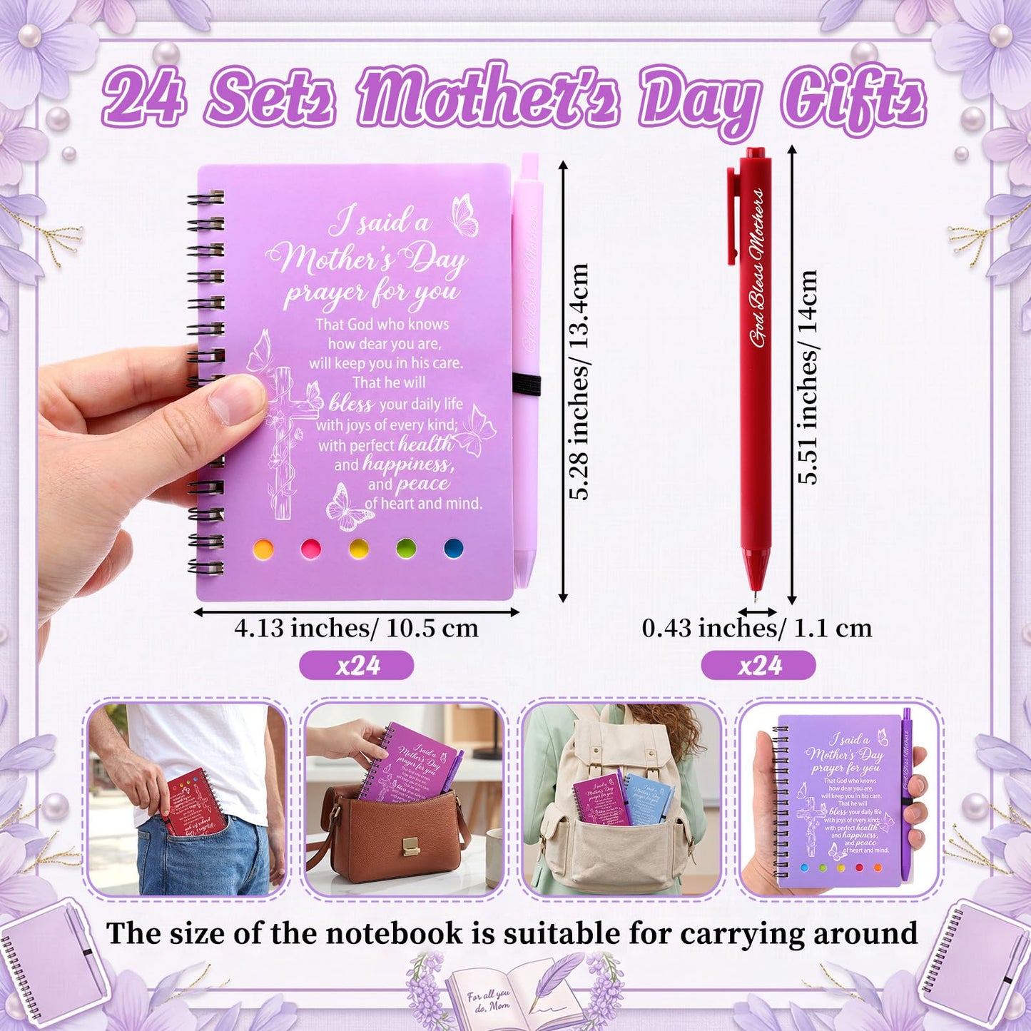 FunooFuno 24 Sets Mother's Day Christian Gifts Bulk Bible Verse Spiral Notebooks with Sticky Note Religious Ballpoint Pens Prayer Journal Church Gifts for Mamas Mom Women Mother's Day