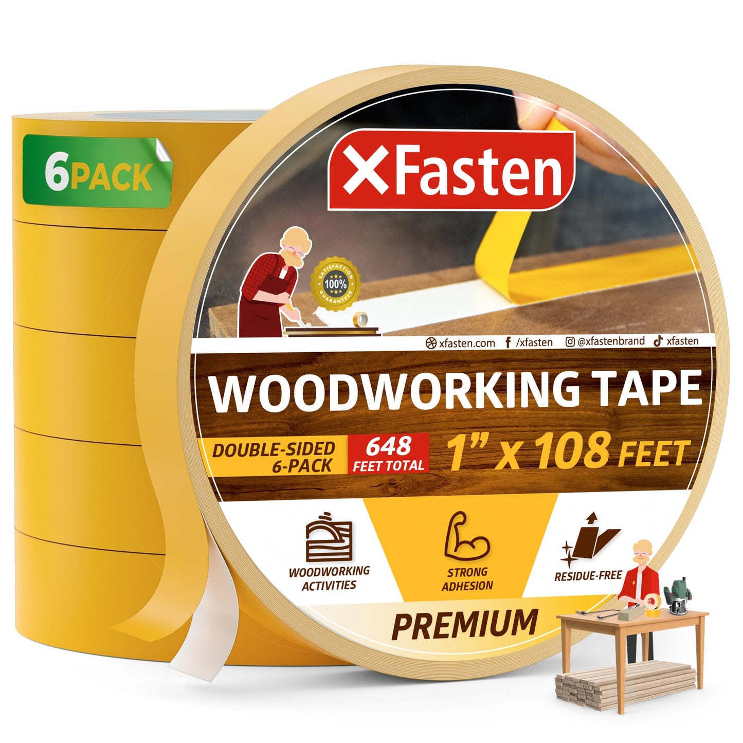 XFasten Double Sided Woodworking Tape, 1 Inch x 108 ft (6-Pack, 648 ft Total), Residue-Free, Heavy Duty, Wood-Safe Double Sided Tape for Router Templates, CNC Machines, and Woodworking Tools