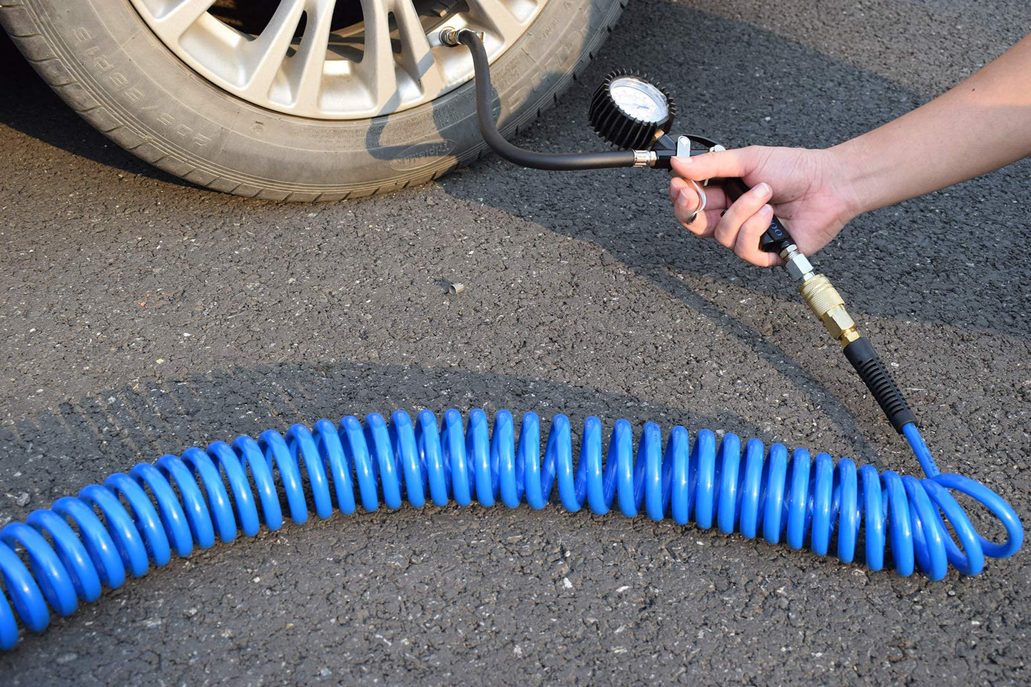 YOTOO 2 Pack Polyurethane Recoil Air Hose, Air Compressor Hose 1/4" Inner Diameter by 25' Long with Bend Restrictor, 1/4" Industrial Quick Coupler and Plug, Blue