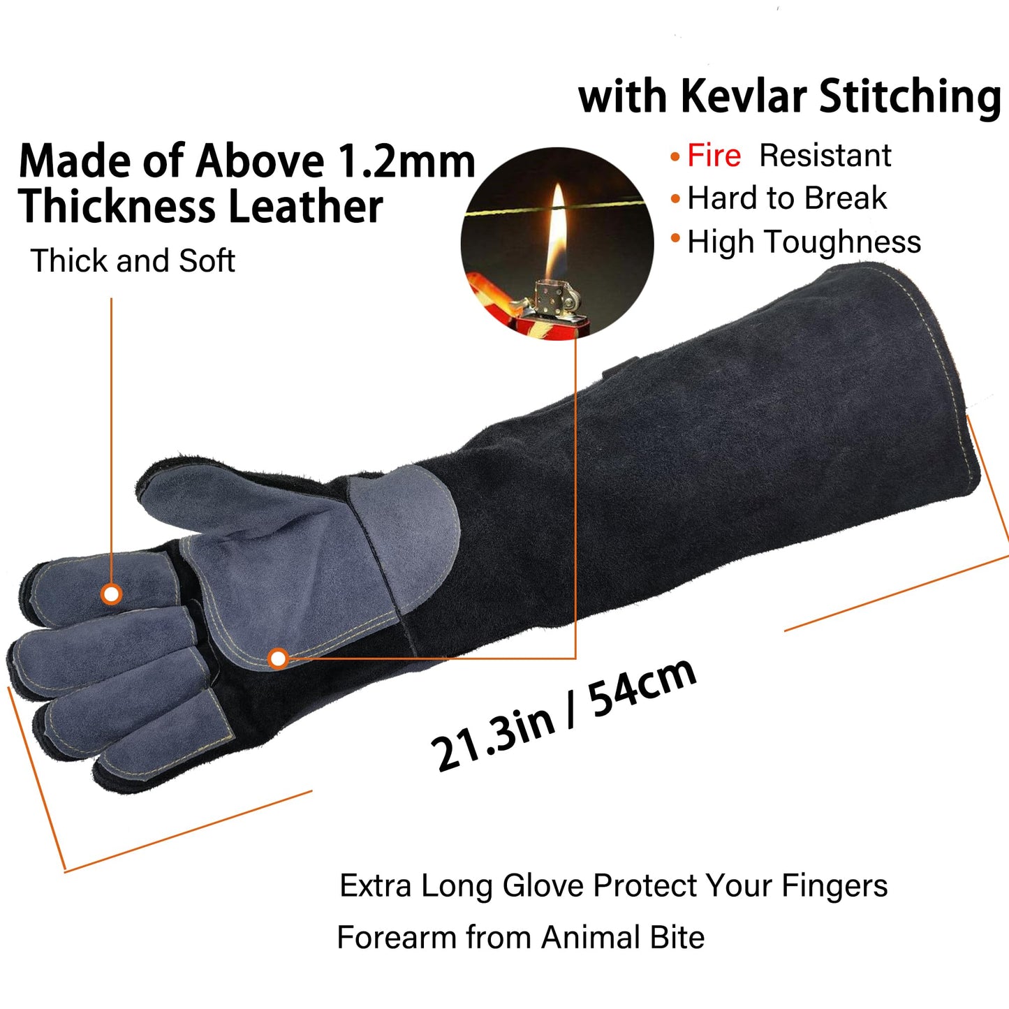 WZQH 21.3 In Leather Welding Gloves for Animal Handling,Grabbing Reptile, Grooming,Trips to Vet,BBQ,Fireplace.Puncture & Scratch Resistant, Bite Proof for Cat Dog Bird Falcon Livestock Snake M Black