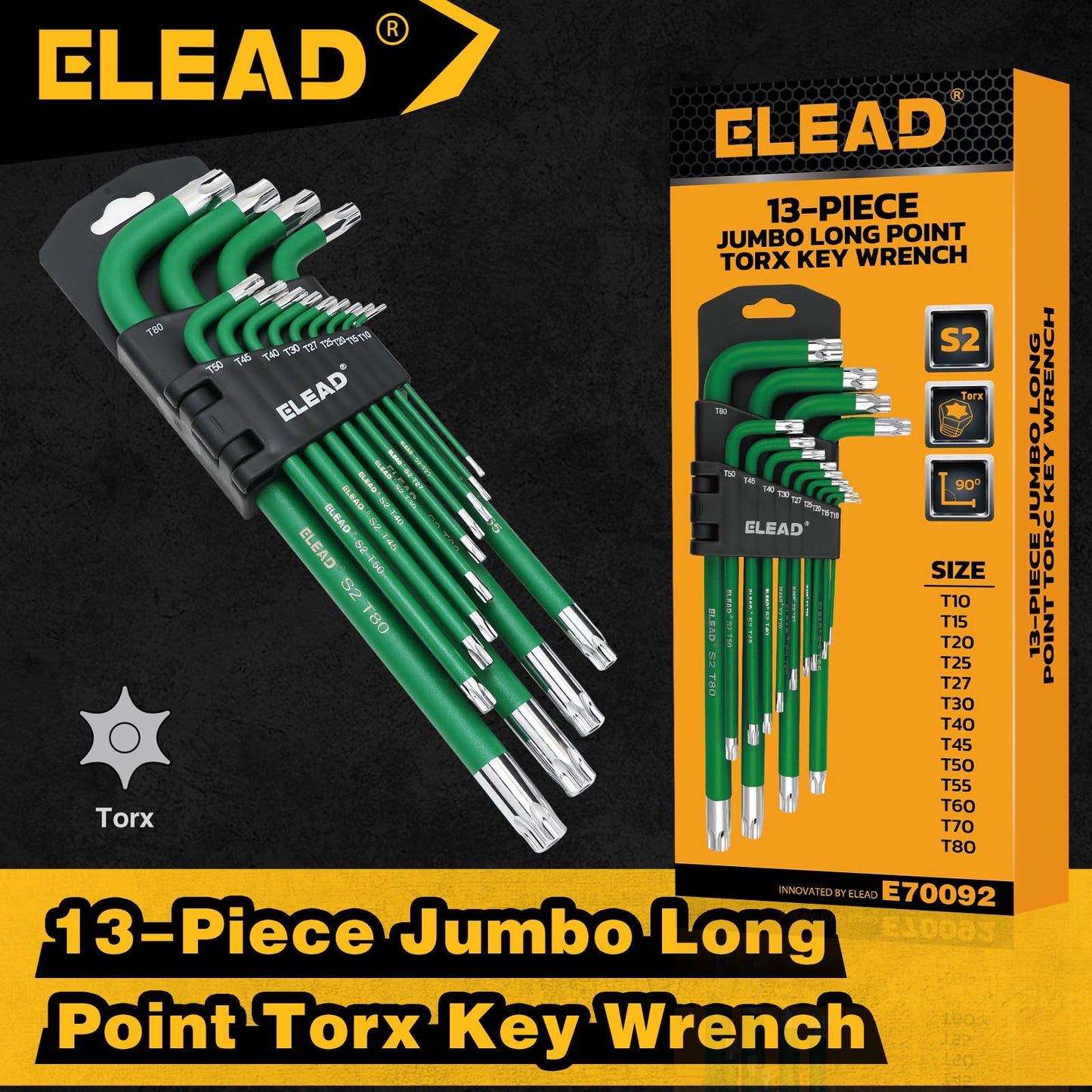 ELEAD Jumbo Torx Key Wrench Set | 13-Piece Durable S2 Star Keys | L-Shaped Long Arm Design | Sizes T10 to T80 | Automotive | Mechanic | Furniture | Professional Grade Tools