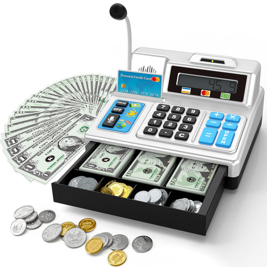 Calculator Cash Register - 103 Pcs Toy Cash Register, Store Playset with Microphone, Credit Card and Banking for Kids