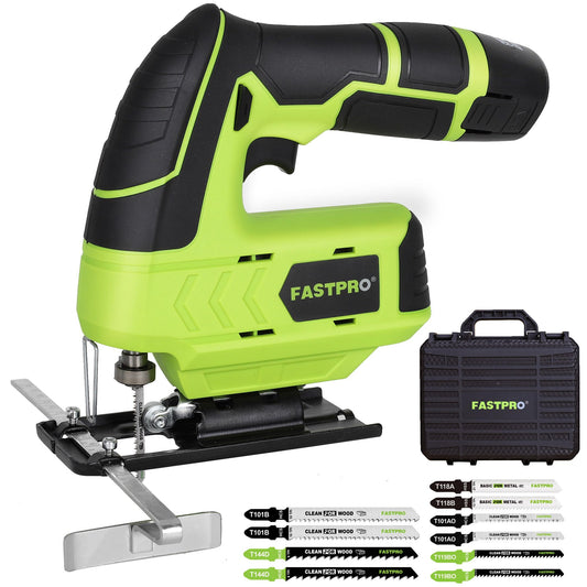 FASTPRO 12V Cordless Jig Saw Kit, Electric Jigsaw with 10pcs Blades & Edge Guide, Included 1.5 Ah Battery, Charger and Storage Case