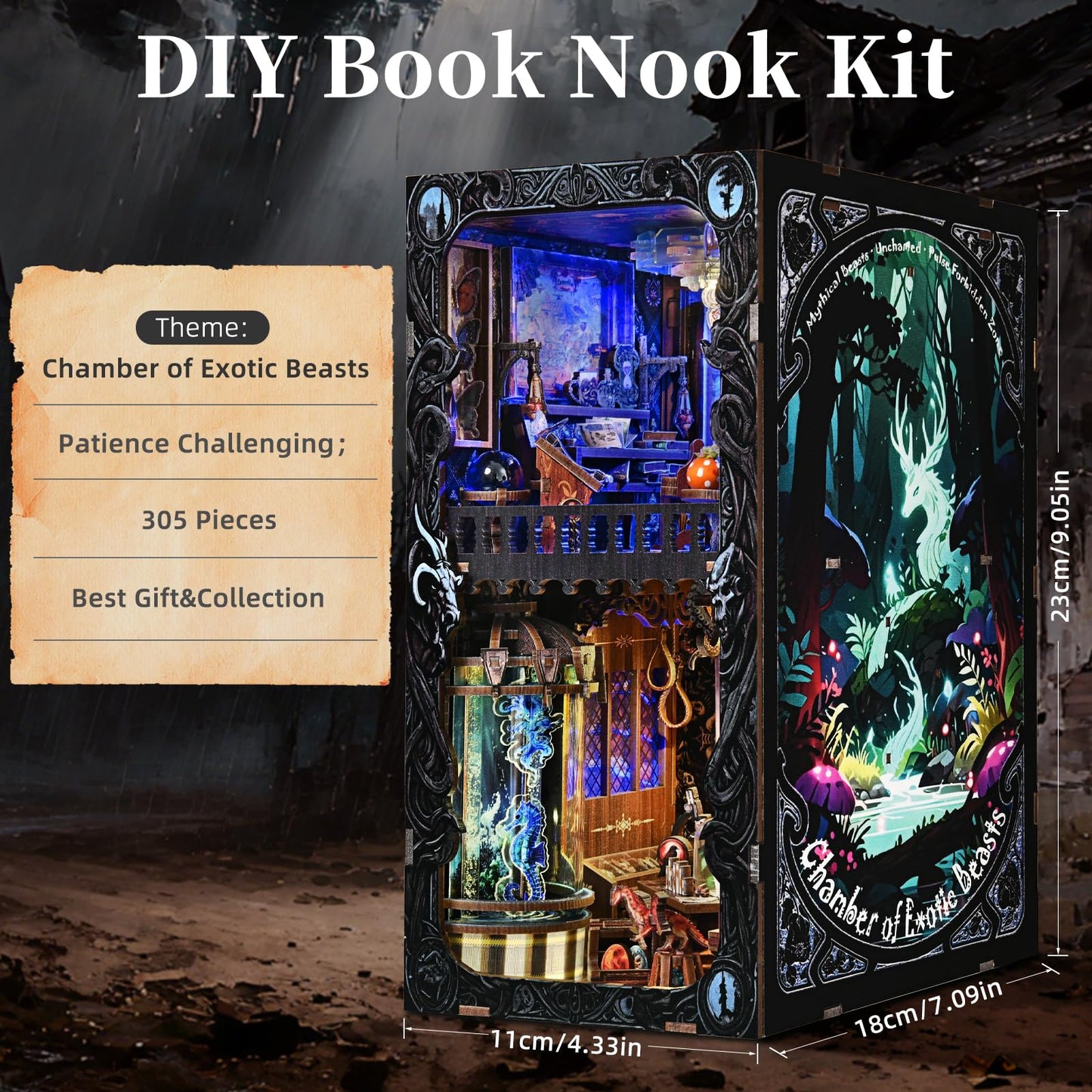 ETKVR Book Nook Kit - DIY Miniature House Dollhouse Kit 3D Puzzles for Adults, Gifts for Family and Friends Bookshelf Decor Tiny House Model Build with Dust Cover - Magic Beasts
