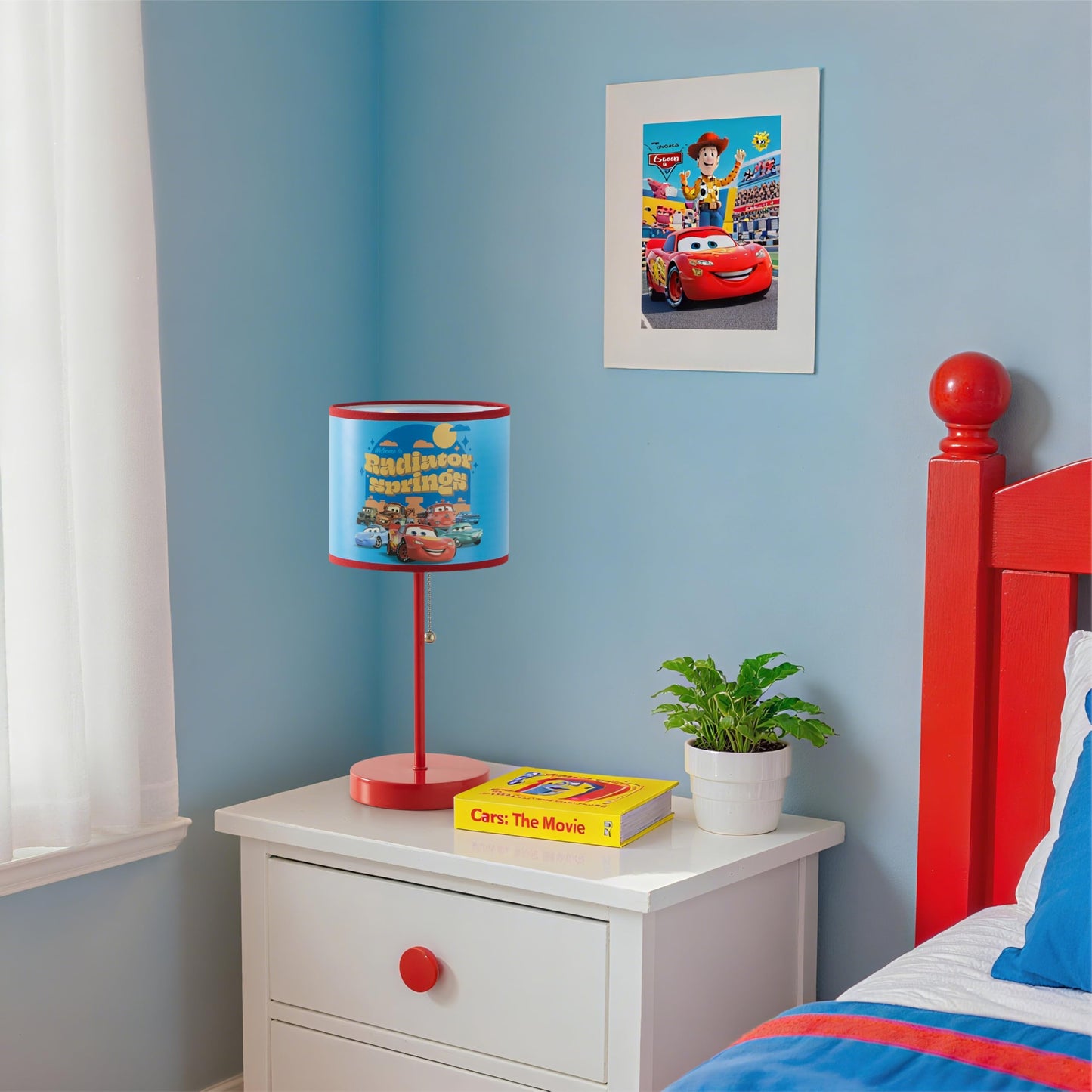 Idea Nuova Table Lamp for Kids, Stick Lamp with Printed Shade & Pull Chain, Bedroom or Nursery Nightstand Lighting,Cars