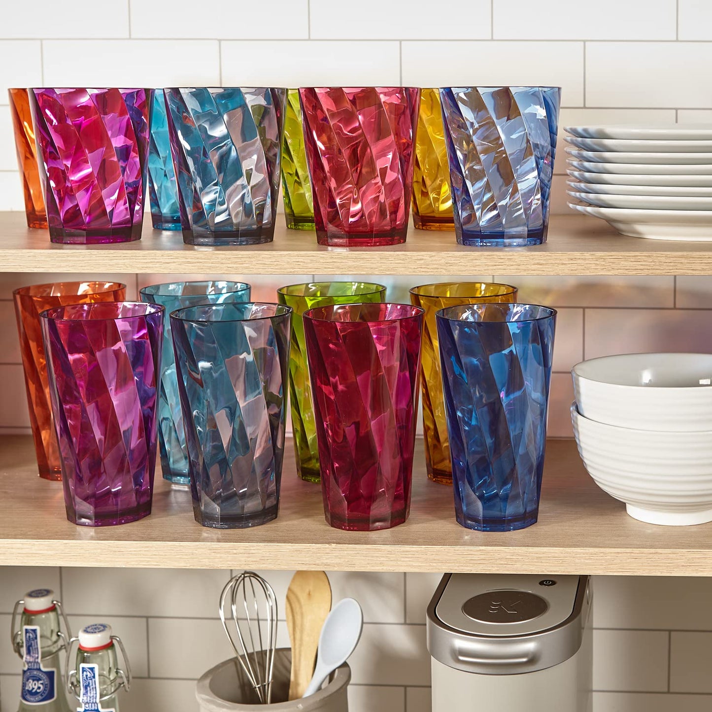 US Acrylic Optix Plastic Reusable Drinking Glasses (Set of 16) 14oz Rocks & 20oz Water Cups in Jewel Tone Colors | BPA-Free Tumblers, Made in USA | Top-Rack Dishwasher Safe